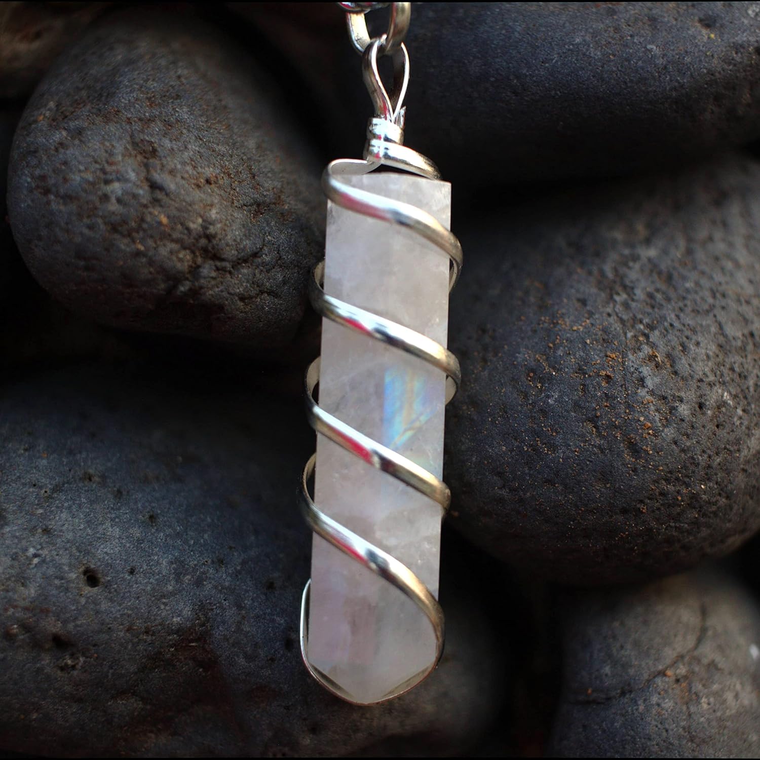 Miniatura 2 de Collar curativo de cristal de piedra lunar arcoíris - Para chakra de la corona, mejora la intuición y la estabilidad. Alivia el estrés emocional.