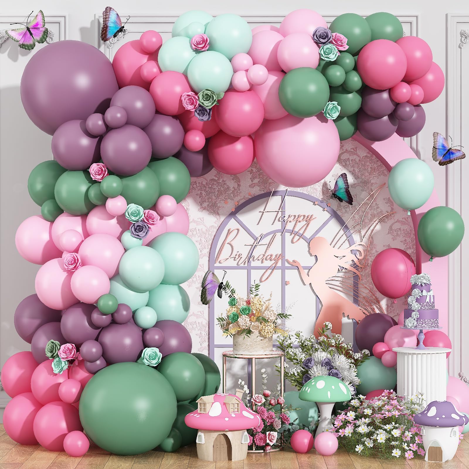 Fairy Balloon Arch Kit 120Pcs Sage Green Pink Purple Balloons Garland Dusty Green Lavender Lilac Birthday Party Balloons for Girls Butterfly Garden