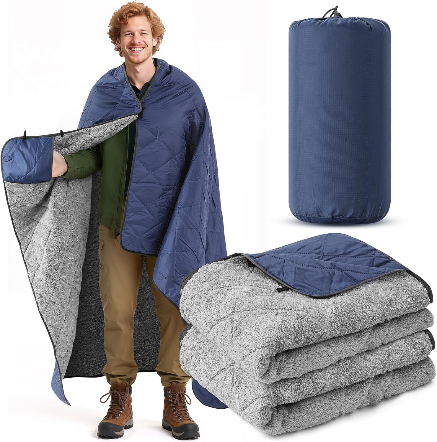Mindsoft Large Waterproof Woobie Blanket with Sherpa Lining Upgraded Windproof Extra Thick Warm Outdoor Blanket for Cold Weather Hunting Stadium Sports Camping Picnic Car, 59" x 79"(Blue,1 Pc)