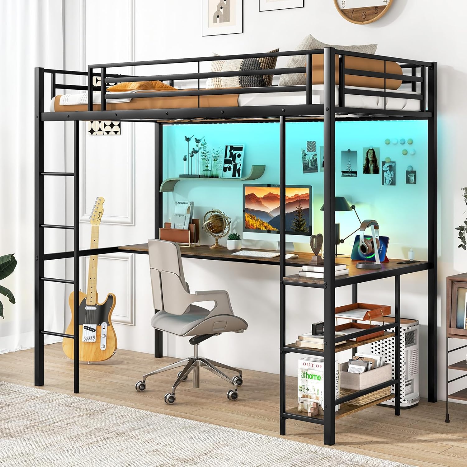 KOMFOTT Twin Size Loft Bed with L-Shaped Desk & Storage Shelves, Metal Loft Bed with Power Outlet & LED Lights, Anti-Tipping Kits, Safety Guardrail, Remote Control & APP Control, No Box Spring Needed