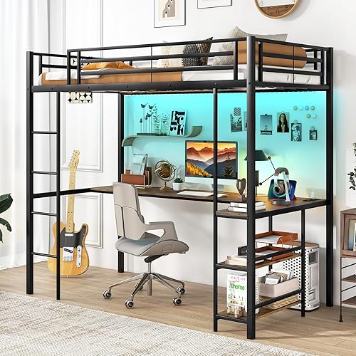 KOMFOTT Twin Size Loft Bed with L-Shaped Desk & Storage Shelves, Metal Loft Bed with Power Outlet & LED Lights, Anti-Tipping Kits, Safety Guardrail, Remote Control & APP Control, No Box Spring Needed