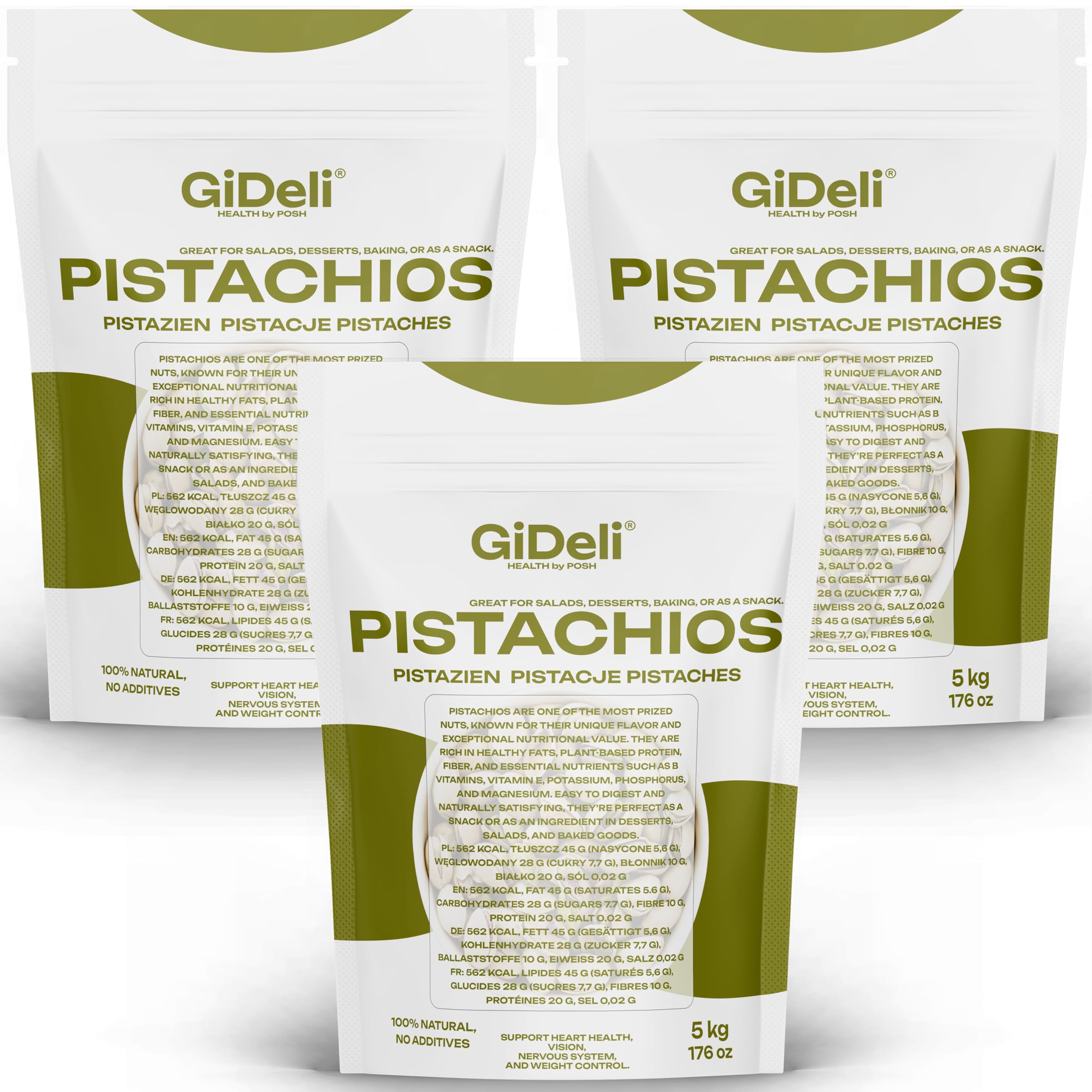 GiDeli Pistazien 3 x 5kg - Geröstet und Gesalzen - Nüsse mit Schale als Gesunde Snacks für Partys - Ideale zum Backen, Gerichte, Creme und Desserts