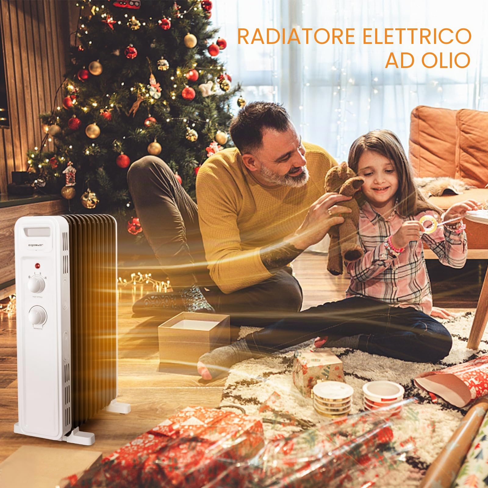 AIGOSTAR LUKE- radiatore ad olio elettrico, 11 Elementi, 2300 W. Termostato Regolabile, 3 Impostazioni di Calore, Risparmio Energetico, Protezione da Surriscaldamento e Antiribaltamento, 20mq