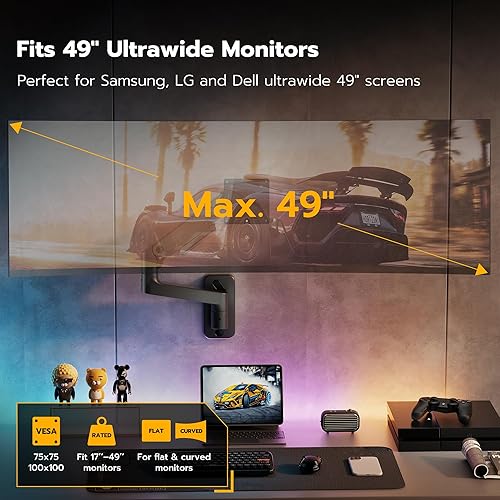 Miniatura 3 de ARES WING Brazo de monitor de montaje en pared para pantallas ultraanchas de 17 a 49 pulgadas, soporte de monitor individual resistente con