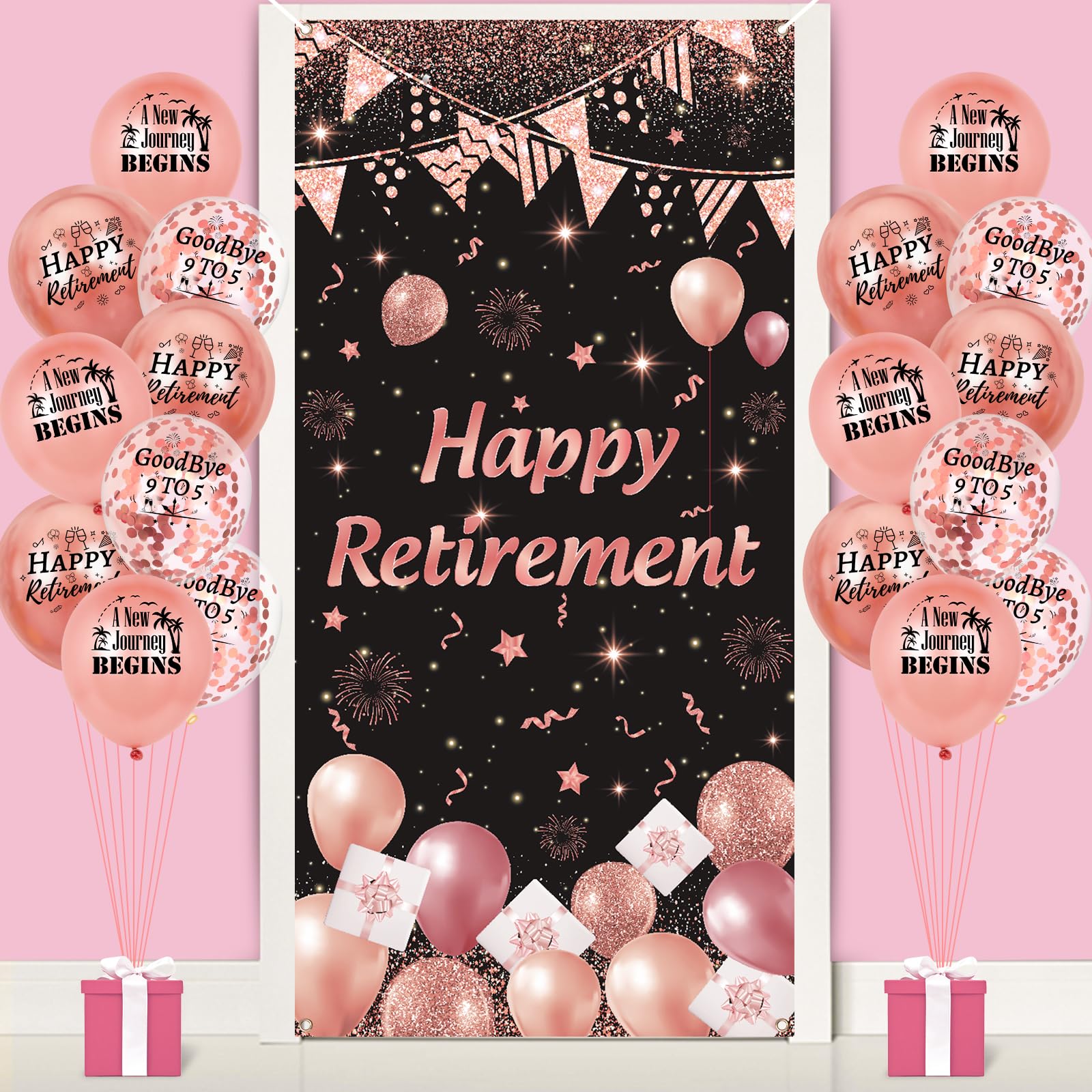 Rose Gold Retirement Party Decorations for Women Happy Retirement Sign Door Cover Banner with 18Pcs Rose Gold Retirement Balloons for Retirement Farewell Party Supplies