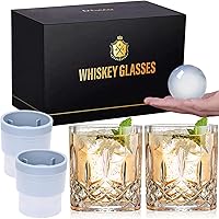 Qipecedm Old Fashioned Whiskey Glasses Set of 4: 2 Crystal 11oz Rocks Glasses + 2 Ice Ball Molds in Gift Box for Bourbon, Scotch, Cocktails