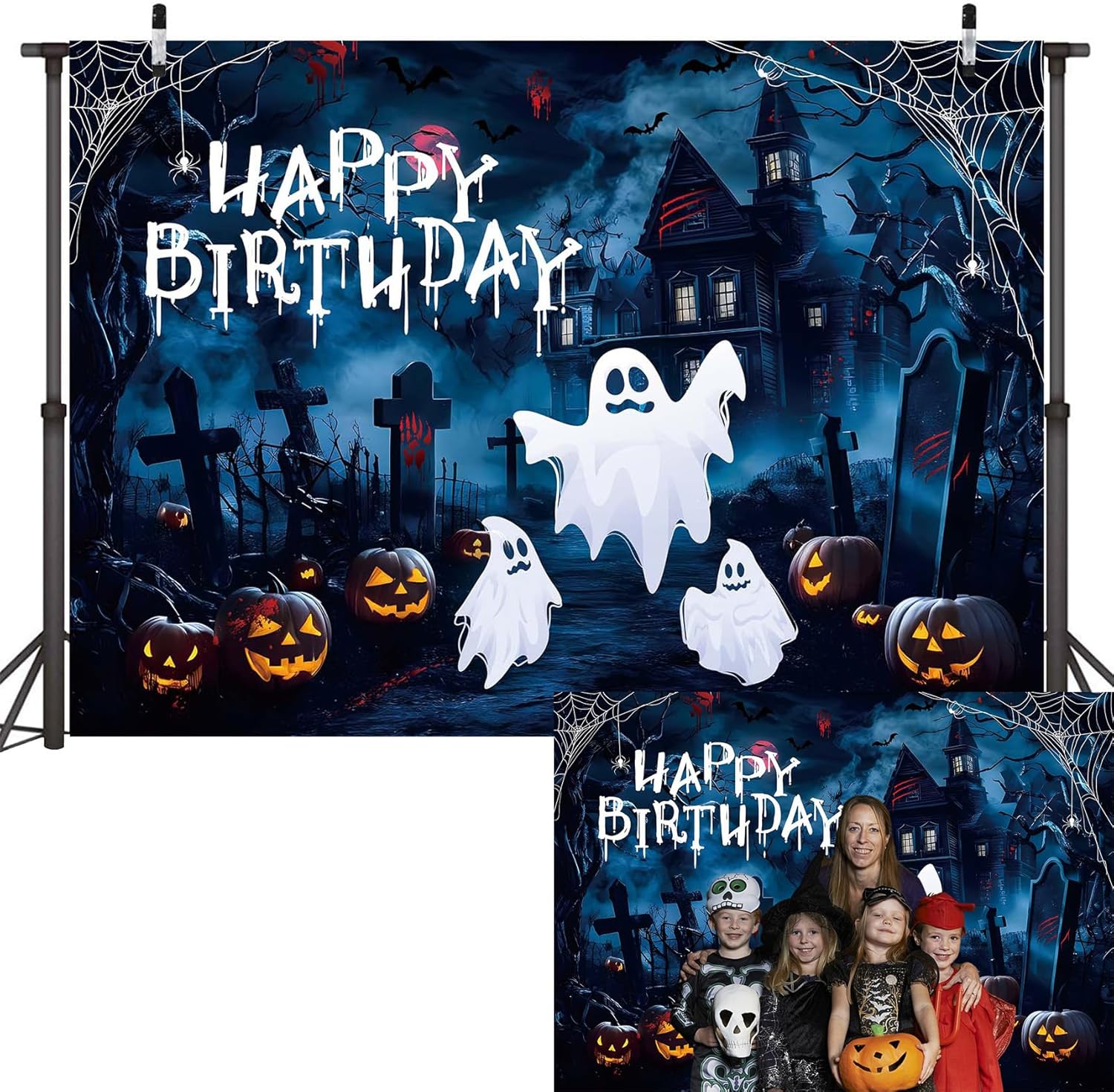 Halloween Birthday Banner Backdrop Spooky Ghost Happy Birthday Photography Background Ghost Horror Halloween Bday Decorations for Boys Girls Party Party Supplies (2.4x1.8m)