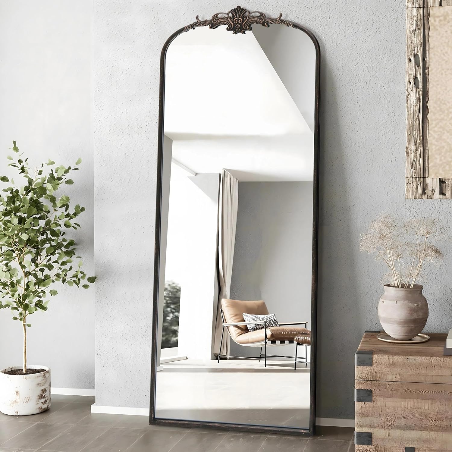 Arched Full-Length Mirror, 21x56, black antique baroque frame