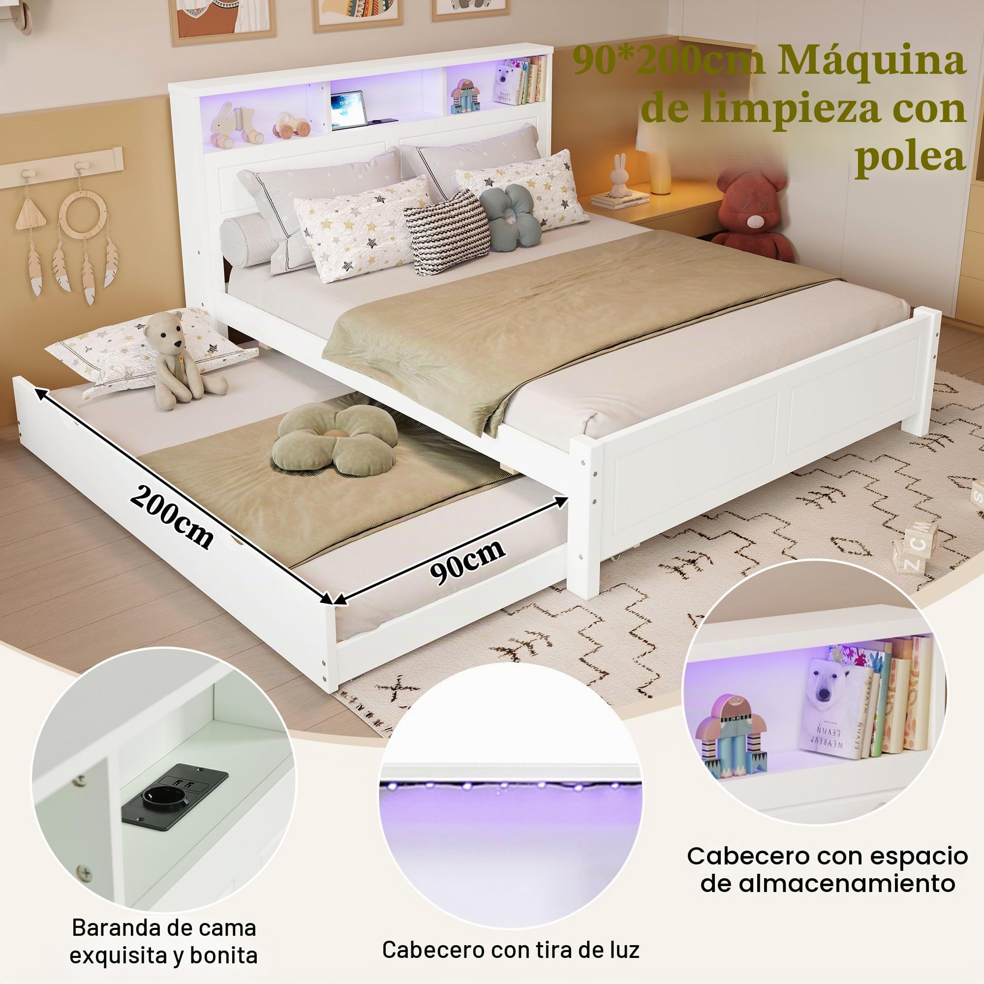 Cama doble con cama nido de color blanco, pino y tablero de fibra de densidad media, 120 x 200 cm y 90 x 190 cm, con tira de luz LED, toma de carga, almacenamiento de cabecero