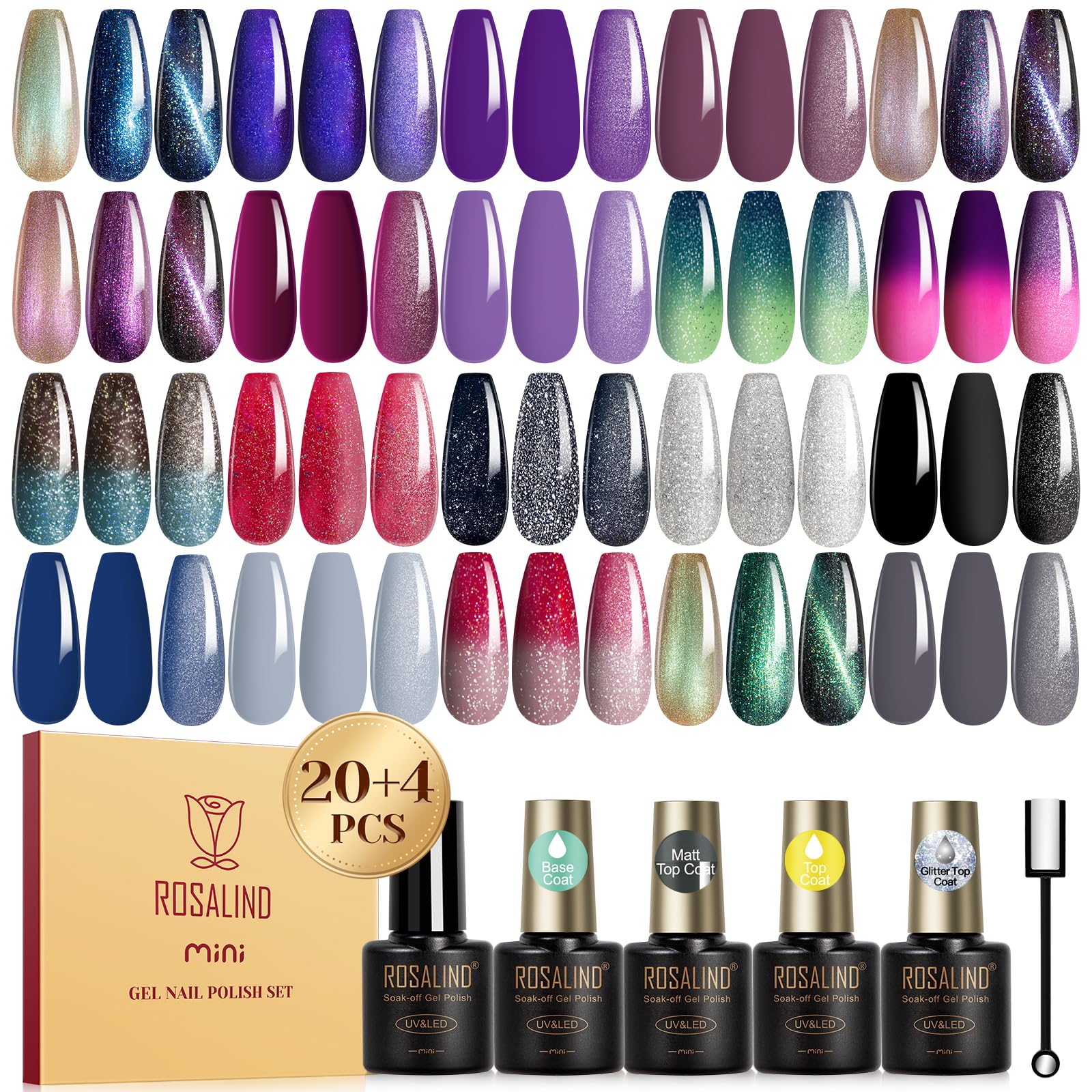 ROSALIND 24PCS Cat Eye Gel Nail Polish Set with Glitter Glossy Matte Top Coat Base Coat, Color Changing Glitter Shinny Effect Magic Gel Polish Set Soak Off Nail Gel Polish Nail Art