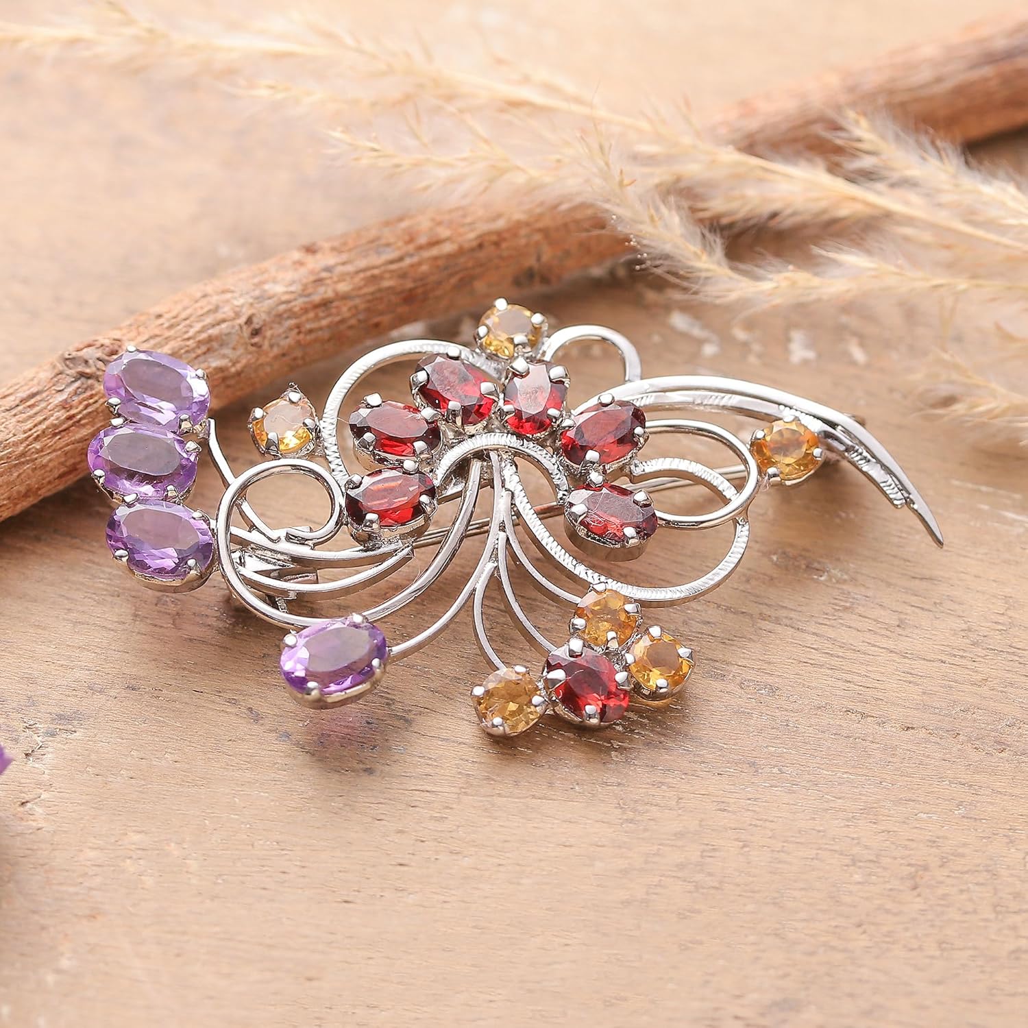 NOVICA Multi-Gem Garnet .925 Sterling Silver Brooch 'Graceful Bouquet'
