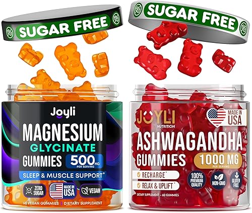 JOYLI - Paquete de gomitas de magnesio y ashwagandha, veganas sin azúcar con glicinato de magnesio y raíz de ashwagandha, apoyo diario para el