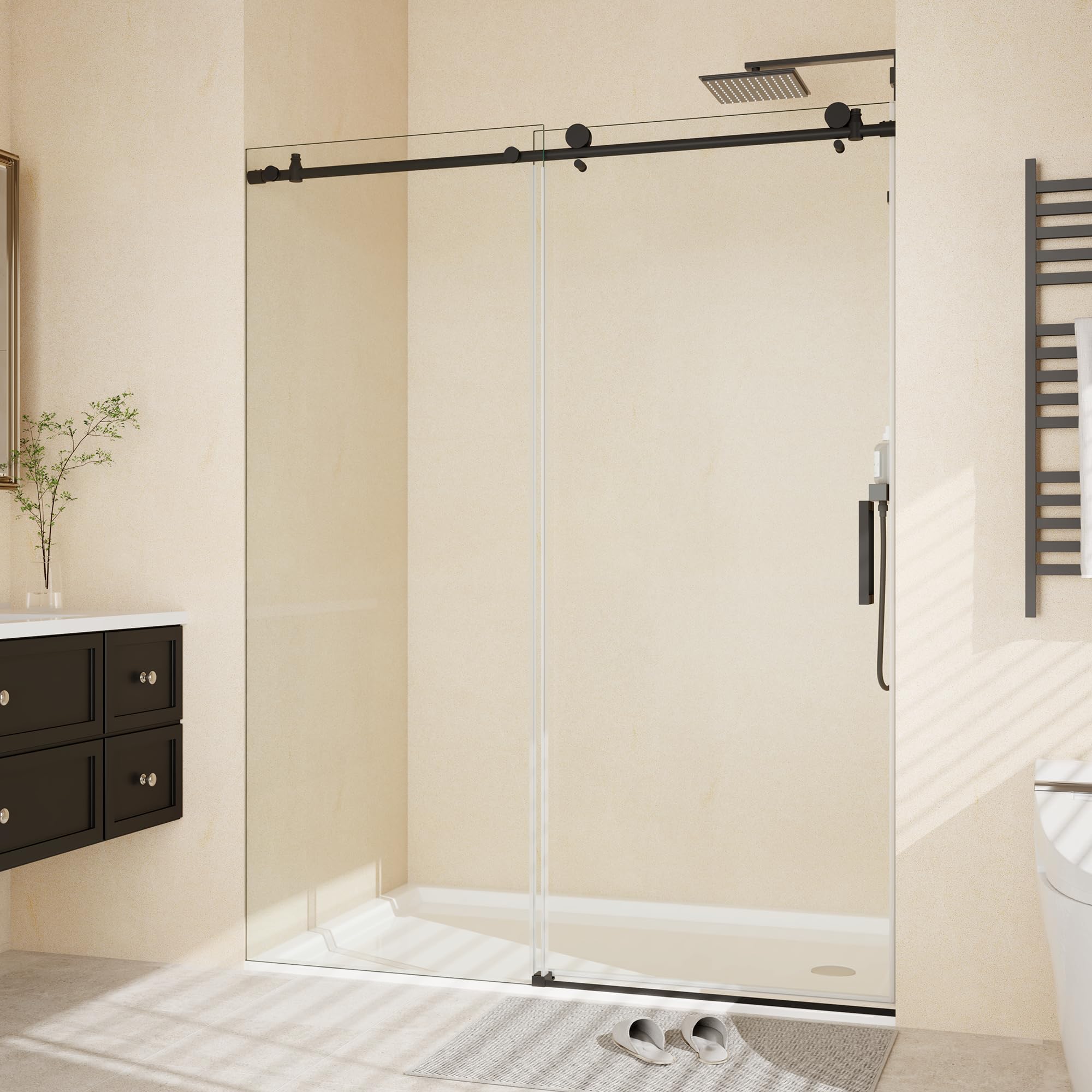 Frameless Sliding Shower Door,44-48 in w x 76 in h Waterproof Glass Shower Door,1/4 in Thick Tempered Clear Glass with Explosion-Proof Film,Handle and Seal Strip, Matte Black