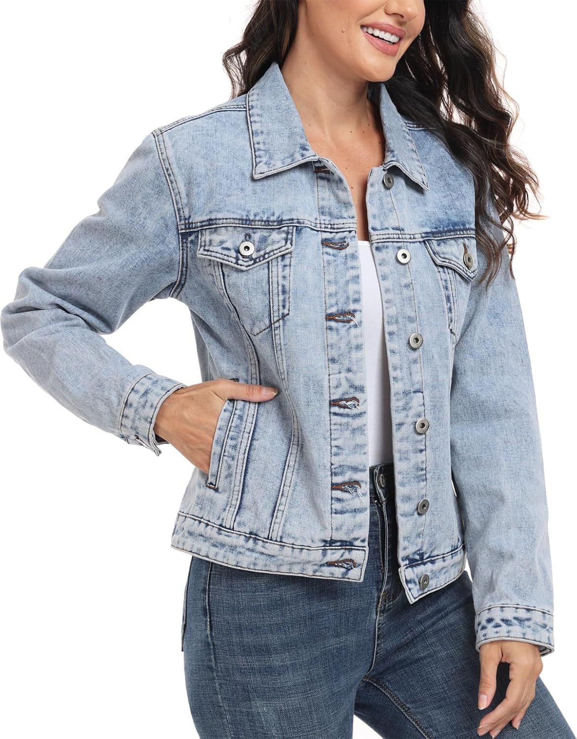 MISS MOLY Women's Denim Jacket Button Up Long Sleeve Basic Trendy Jean Jacket Coat with Pockets - Image 2