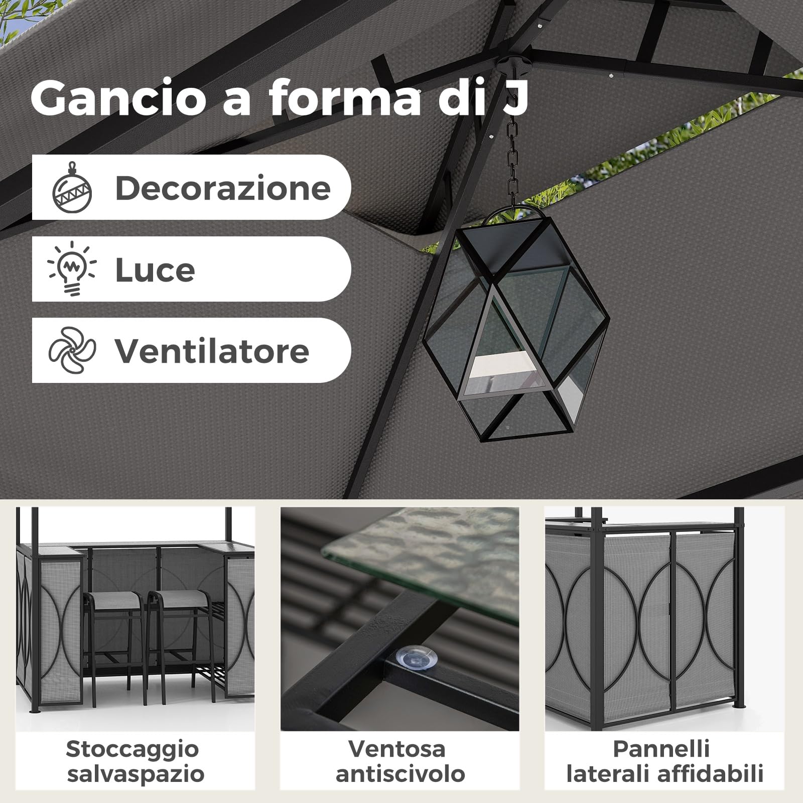 GYMAX Set da Barbecue da Esterno 3 Pezzi con Gazebo per Griglia, Gazebo da Patio con Tavolo da Bar in Vetro Temperato, 2 Sgabelli da Bar, Scaffali di Stoccaggio, Portabevande in Vetro, Gazebo BBQ