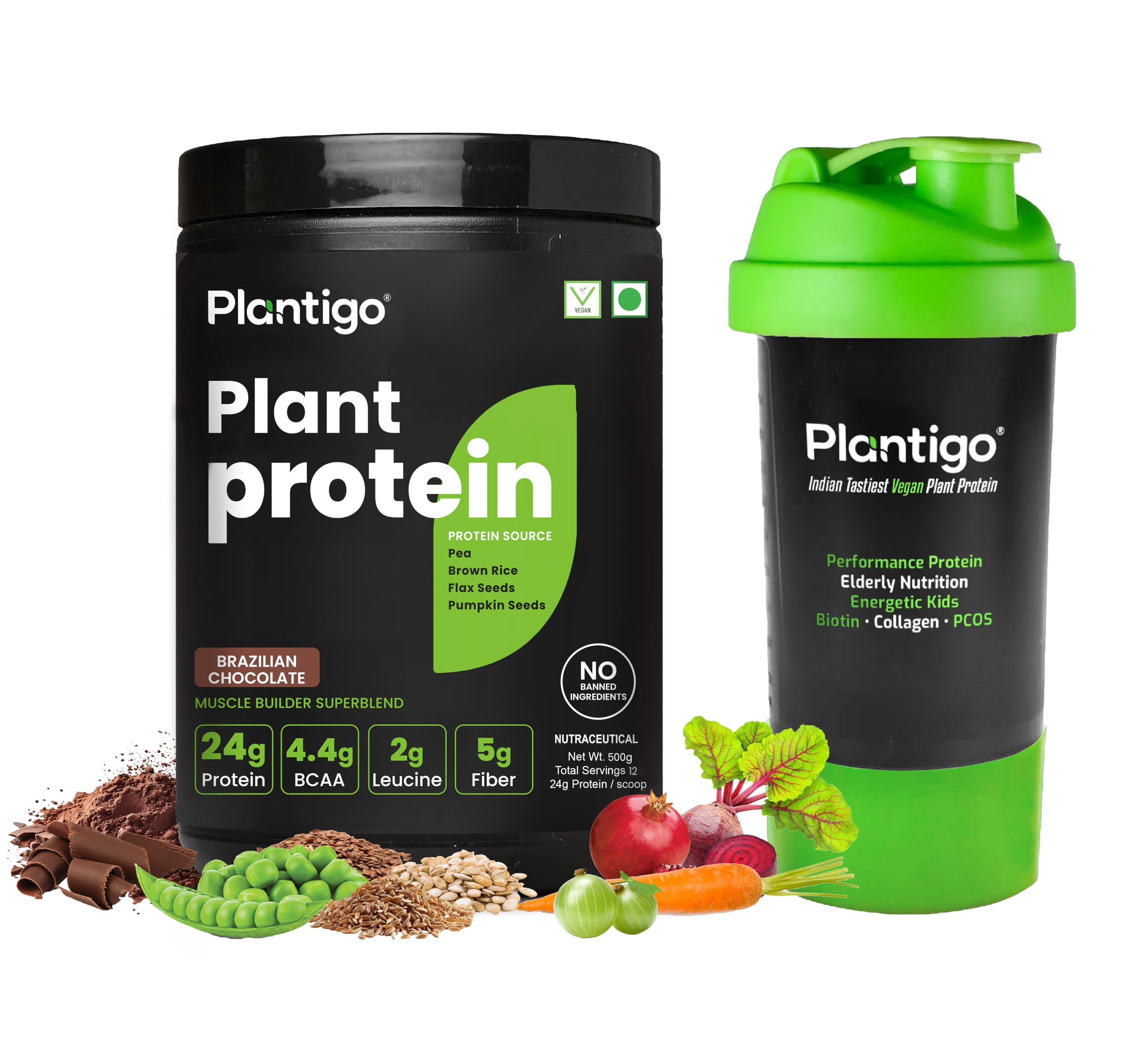 Plantigo Clean Plant Protein Powder for Men, Women -24g Protein, 4.5g Fiber, 4.4g BCAA, 2g Leucine, Antioxidants, 11 Vitamins, 8 Minerals, Pea, Brown Rice (Brazilian Chocolate Flavored + Sipper 600ml)