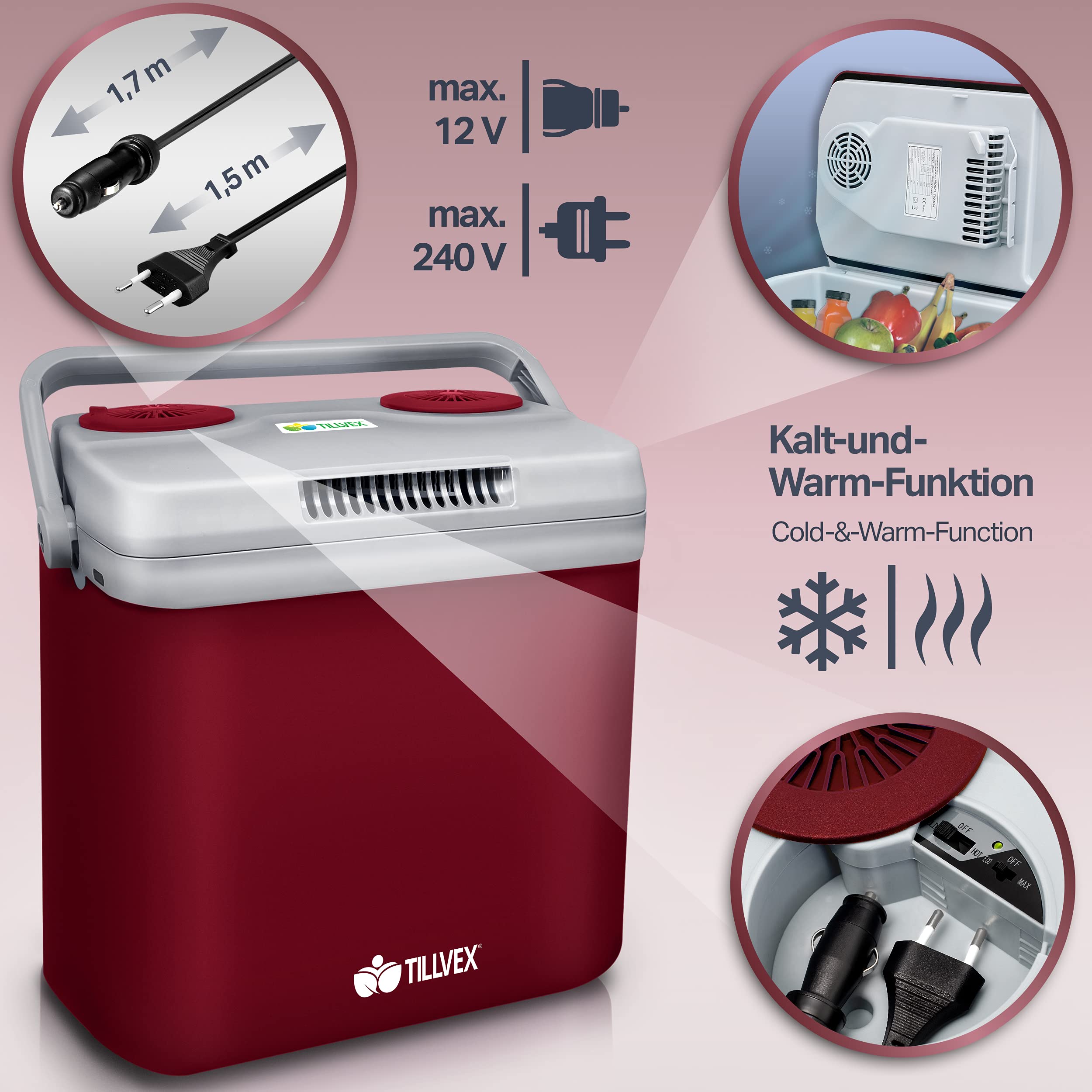 tillvex lodówka elektryczna 32L | Mini-lodówka 230 V i 12 V do samochodu, kempingu | chłodzi i ogrzewa | tryb ECO (czerwony)
