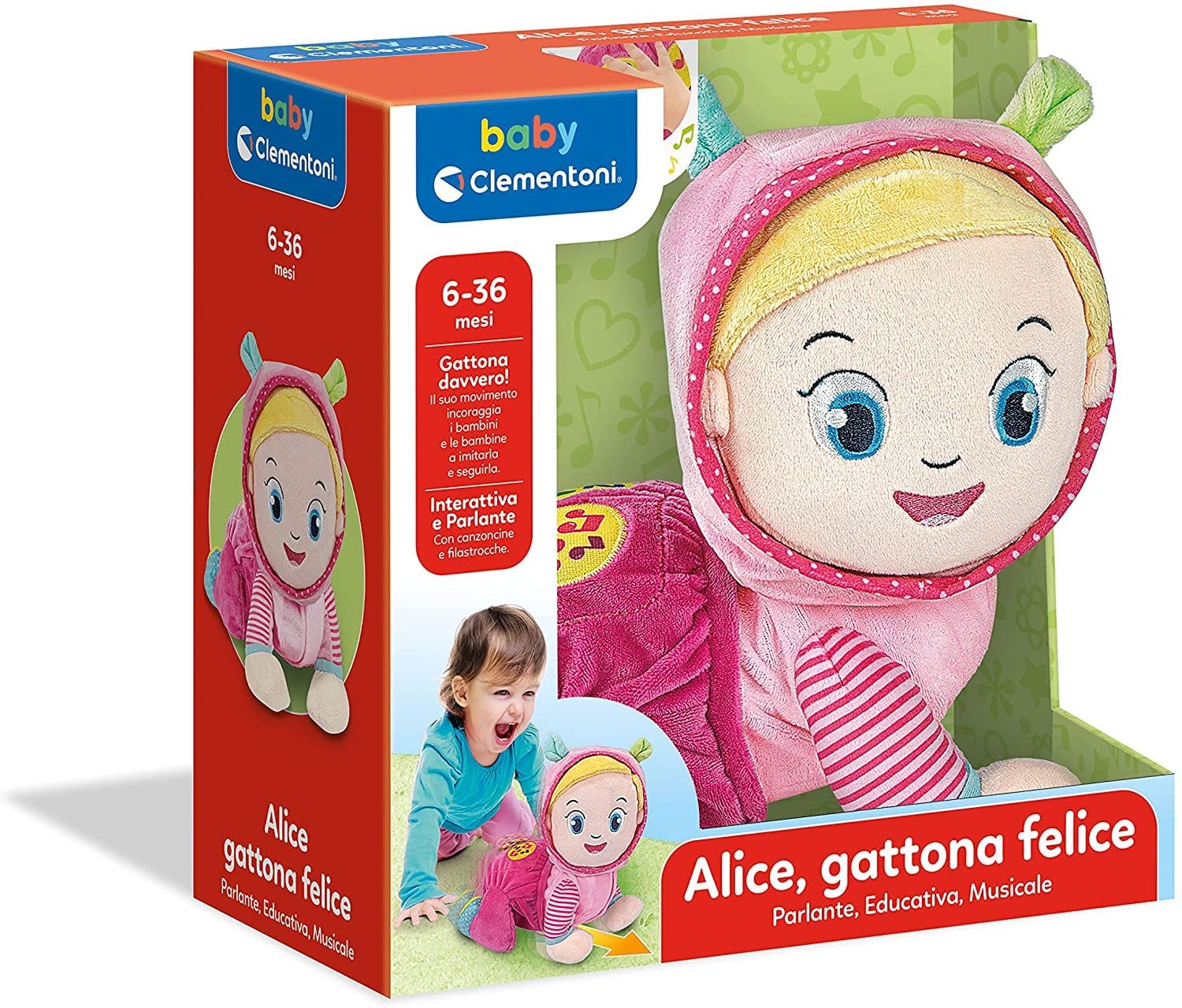 Clementoni- Alice Gattona e Canta, Peluche interattivo parlante, canzoncine e filastrocche-Gioco Bambini 6 Mesi, Gattonamento e Primi Passi, Centro attività per Gattonare, Italiano, Multicolore, 17690