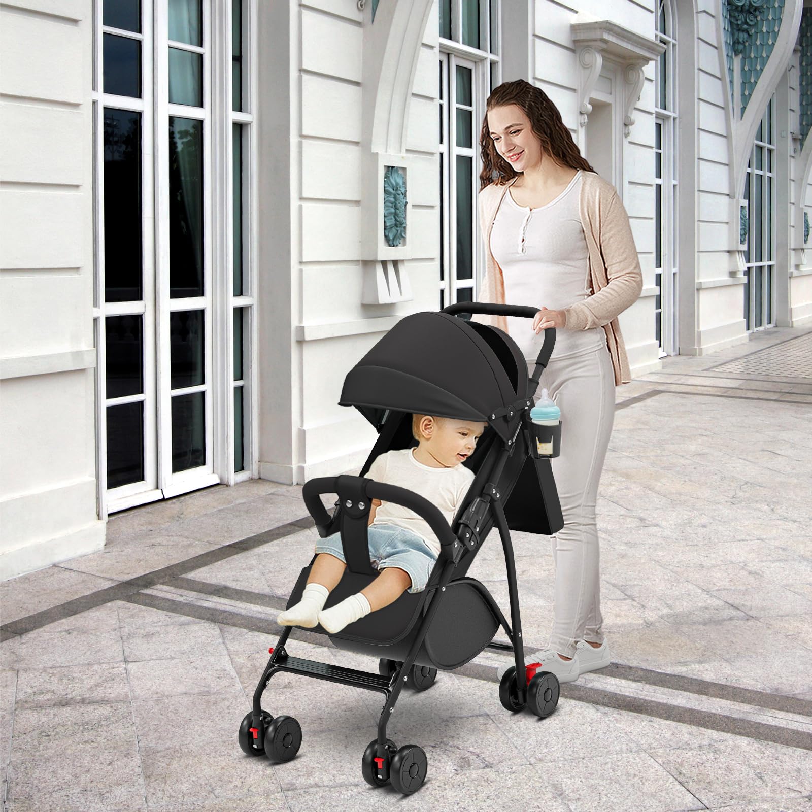 OHMG Kinderwagen Premium Kinderbuggy klappbar Liegebuggy Sportwagen Faltbar 360°Räder 5-Punkt Gurt Inkl. Getränkehalter, verstellbare Rückenlehne & Sonnenverdeck,Moskitonetz,Buggy (C-Noir)