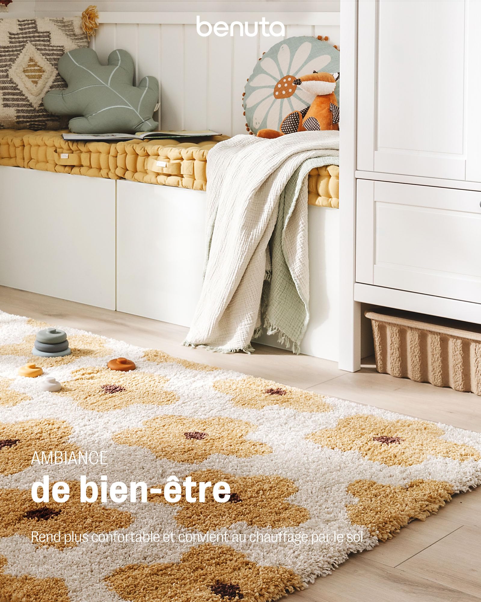 benuta Lytte Tapis Enfant Chambre Gobi - Jaune 120x170 cm - Fausse Fibre - Rectangulaire Style: Motifs Bebe, Scandi - Facile Entretien - pour Salon, Bureau, Couloir