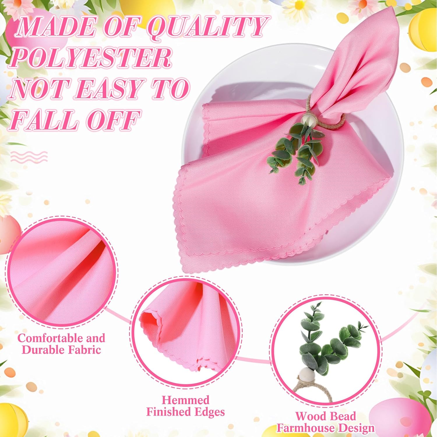 Preboun 20 Pcs Easter Pastel Cloth Napkin with 20 Leaf Napkin Rings 19 x 19 Inch Spring Dinner Reusable Fabric Cocktail Napkins for Farmhouse Easter Party Dinner Table Supplies