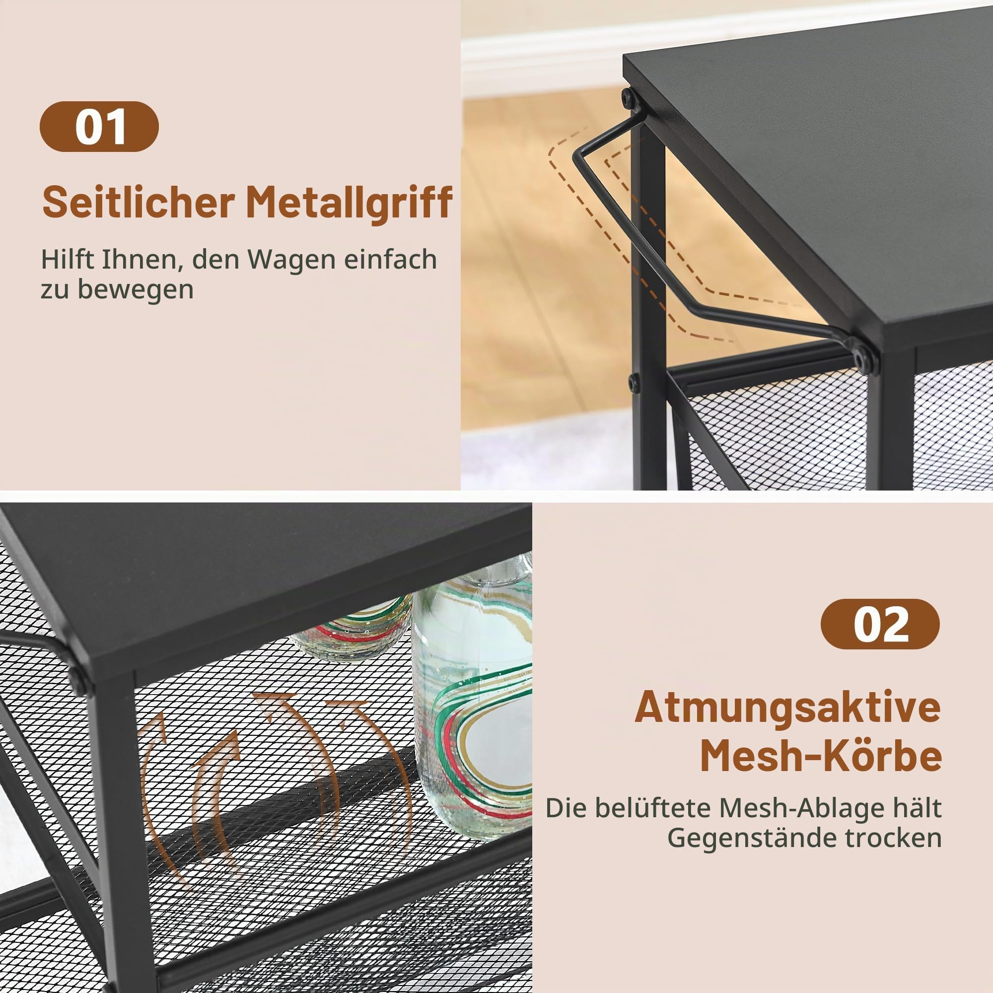 Hoctieon Nischenwagen, Nischenregal, 4-stufiger Rollwagen mit Breiter Platte, Küchenwagen mit Griff und Rädern, Mobiles Regal, schmaler Wagen mit Metallrahmen, Schwarz