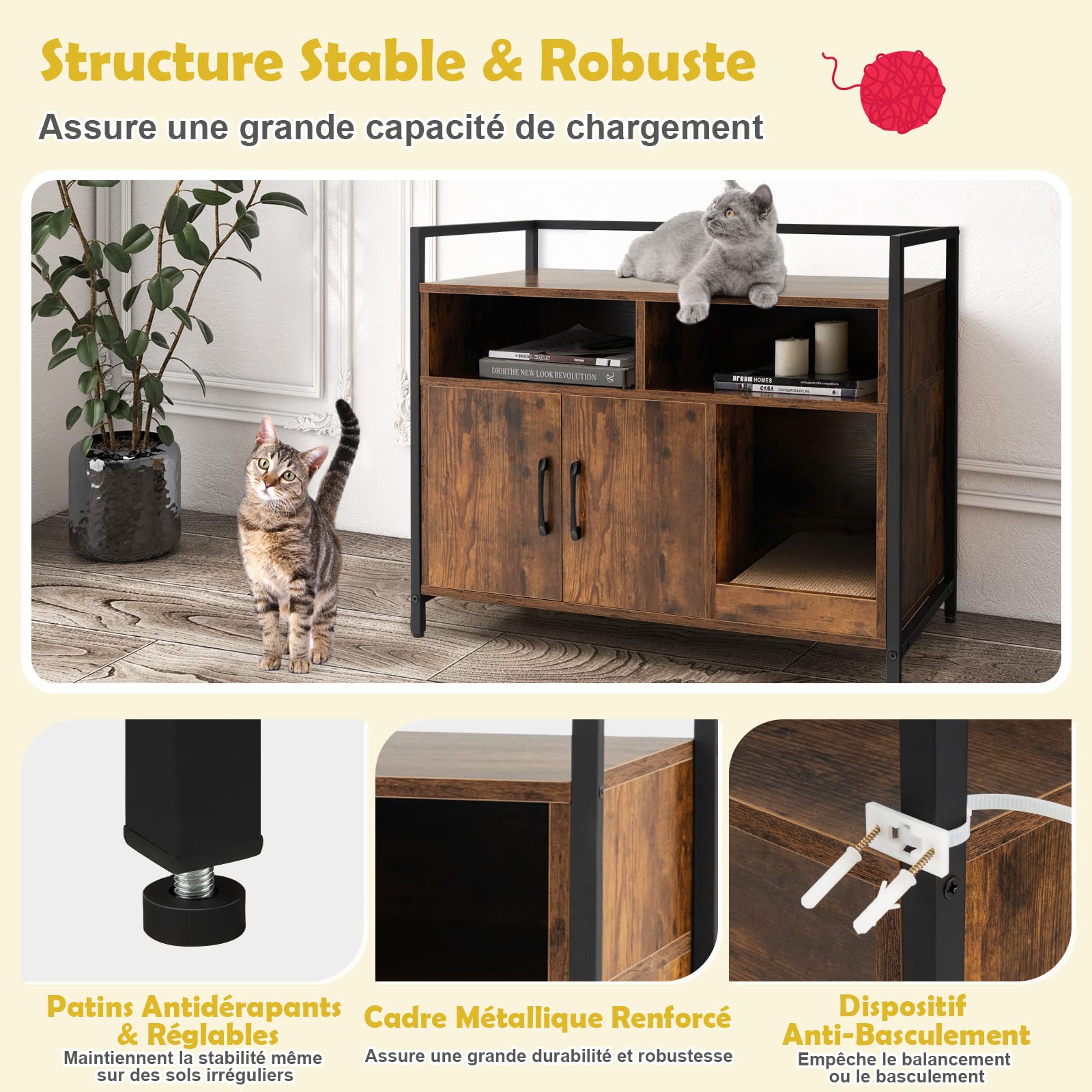 GYMAX Meuble Cache Litière Chat Grand en Bois, avec Griffoir Détachable, Maison de Toilette avec 2 Étagères Rangement Ouvertes, Maison Bon Ventilation et Anti-basculement pour Chat(Café)