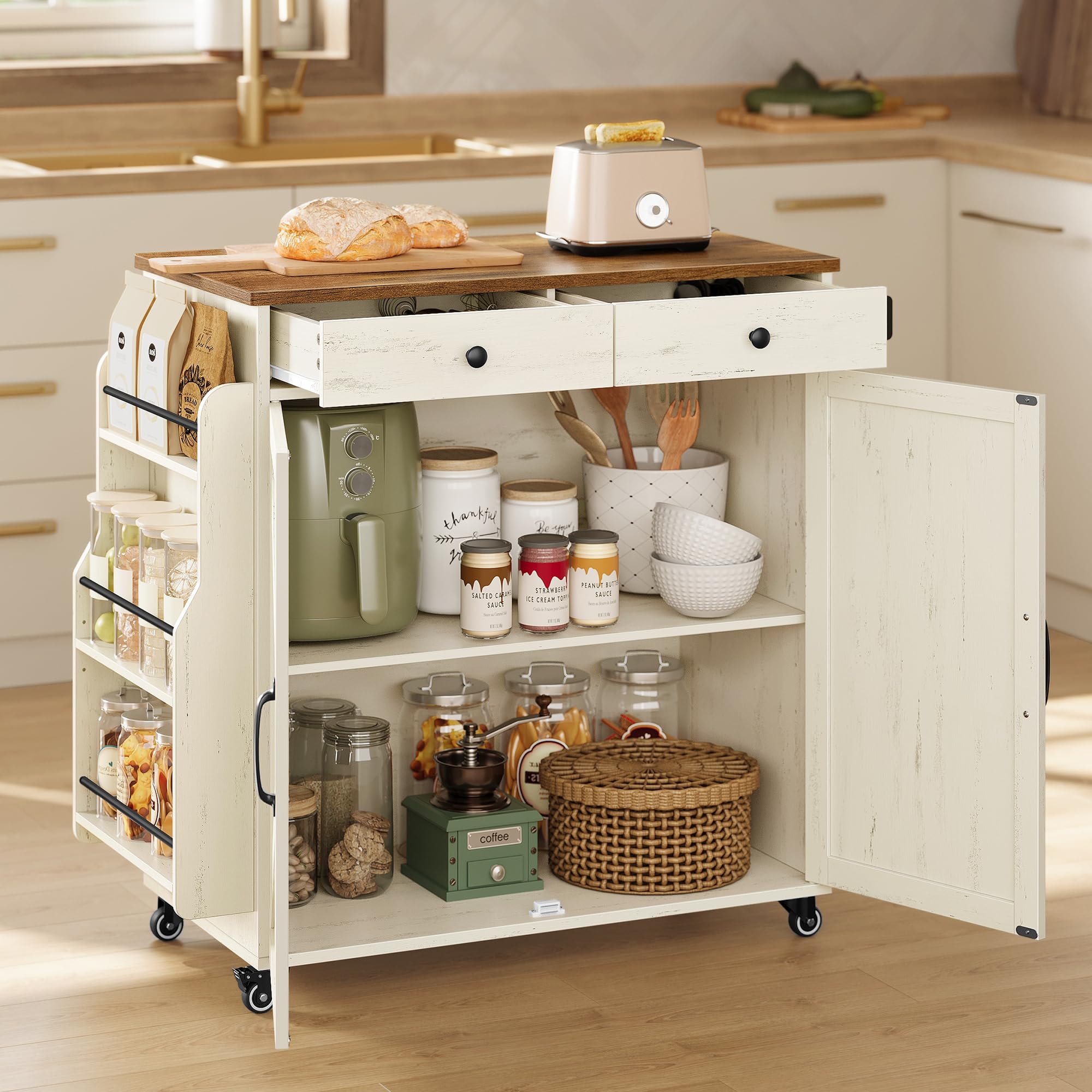 VASAGLE Mobile Kitchen Island, Portable Island with Spice Rack, Mobile Cart with Storage Cabinet, 17.7 x 36.5 x 36 Inches, for Dining Room, Rustic White and Honey Brown UKKI008W01