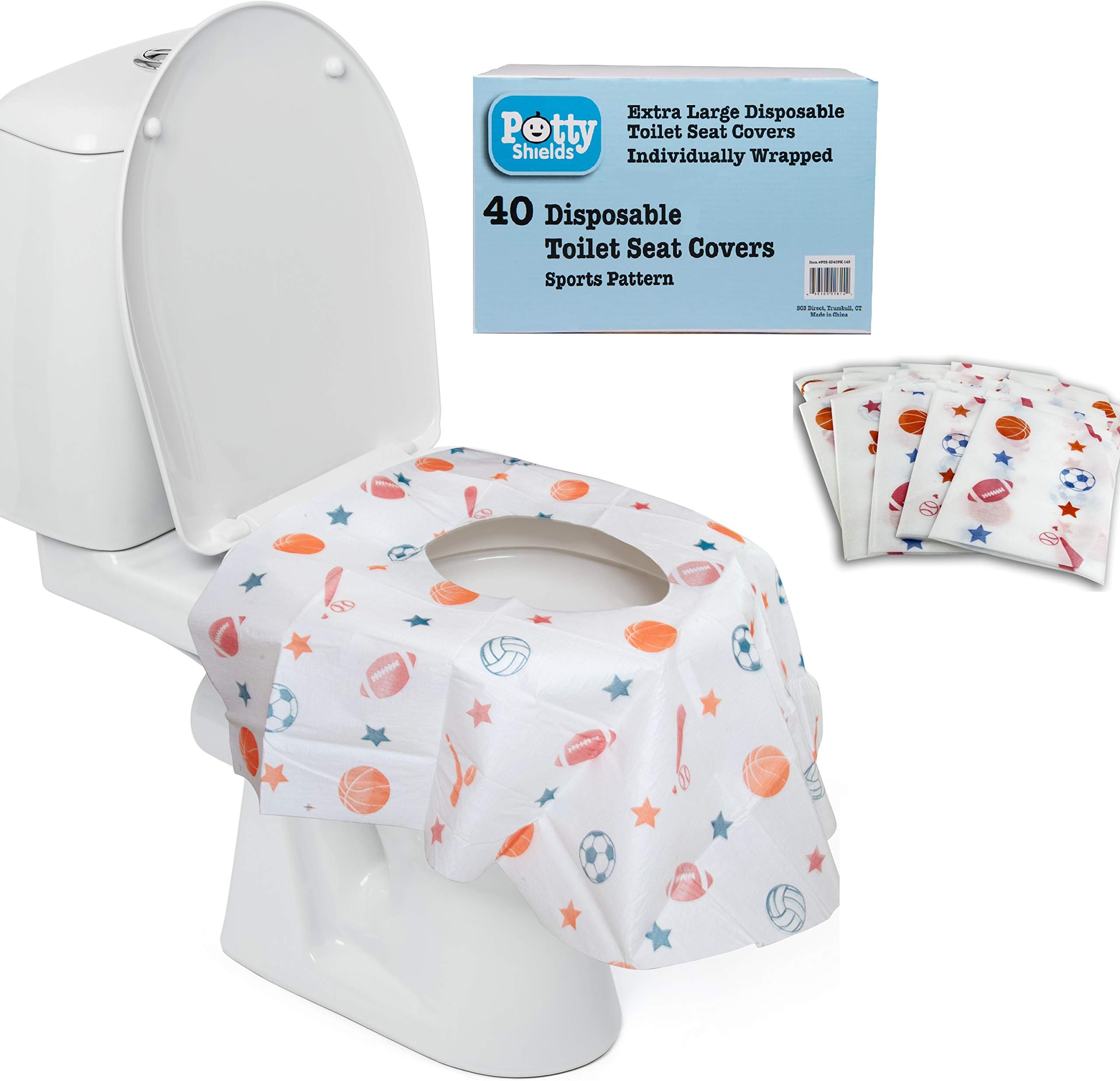 Disposable Toilet Seat Covers for Kids & Adults, 40 Pack - Protect from Public Toilet Germs While Training & More - Extra Large, Waterproof, Portable, Individually Wrapped - Blue/Sports