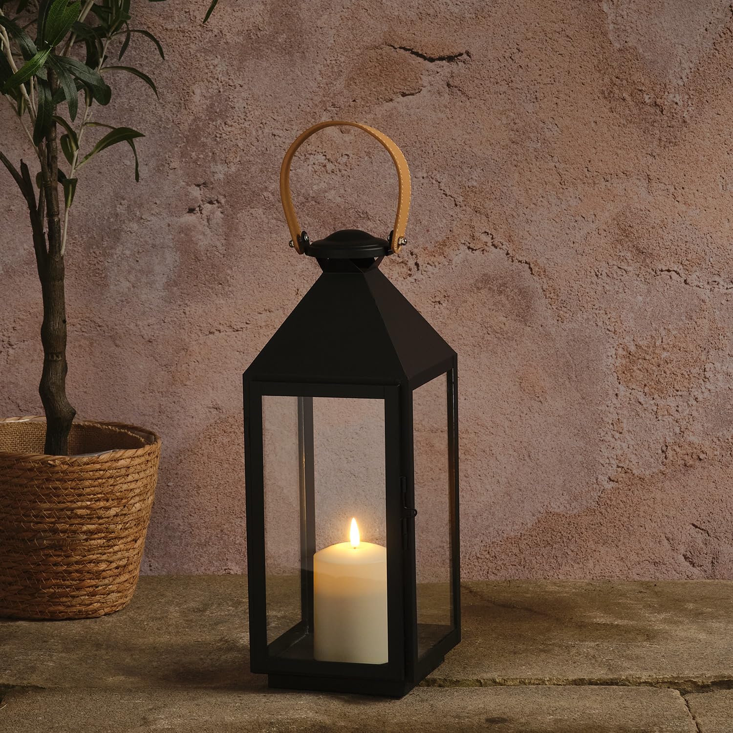 Lights4fun Multi Brixham Regular Leather Handle Lantern With Truglow® Candle, Decorative Indoor And Outdoor Lantern With Flameless Candle For Home & Garden Décor