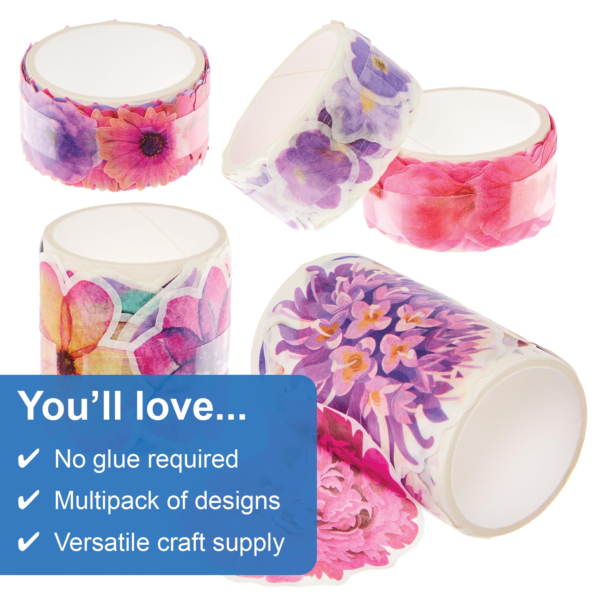 Baker Ross FN197 Paper Flowers Tape - Pack of 5, Scrapbook Stickers, Floral Stickers for Decorations, Multicolour, 2.2cm, 4.3cm, 5.8cm - Image 3