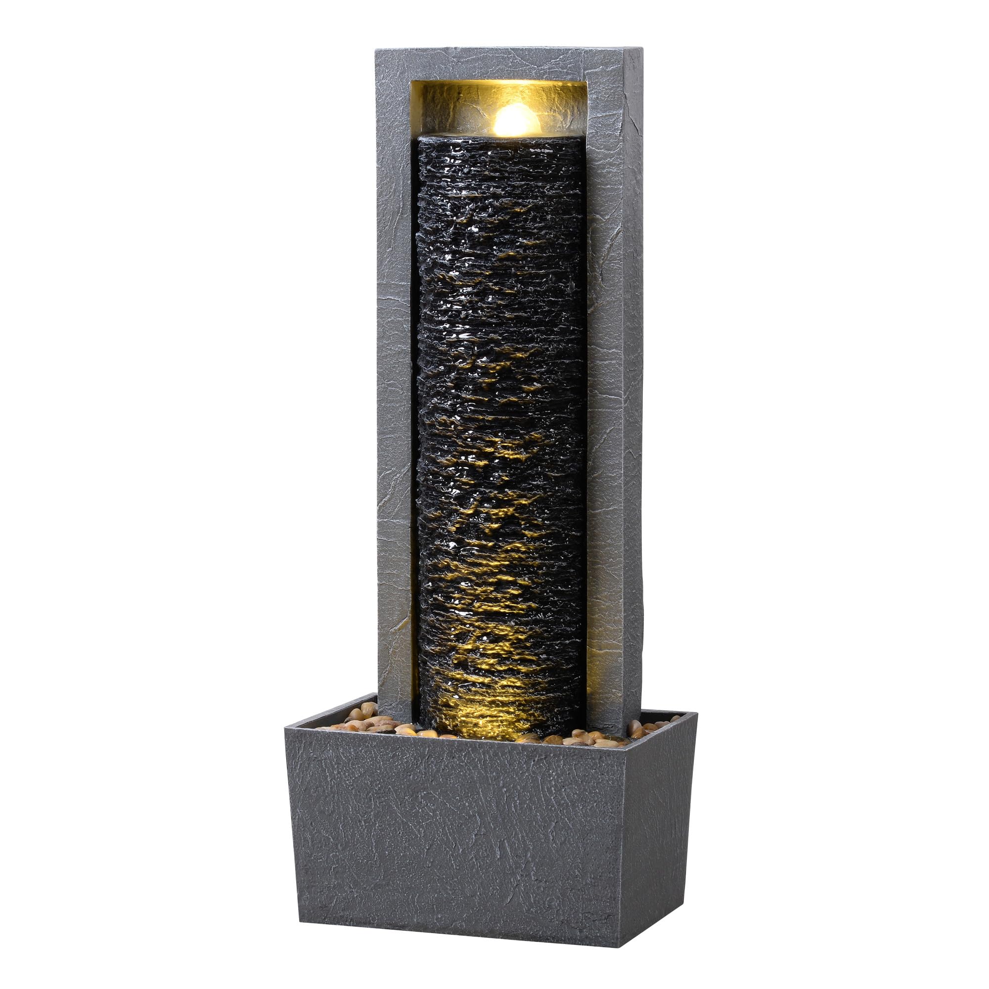 Teamson Home Fontaine de Jardin Haute Cascade exterieure LED Roche superposee Patio Durable Gris Fonce