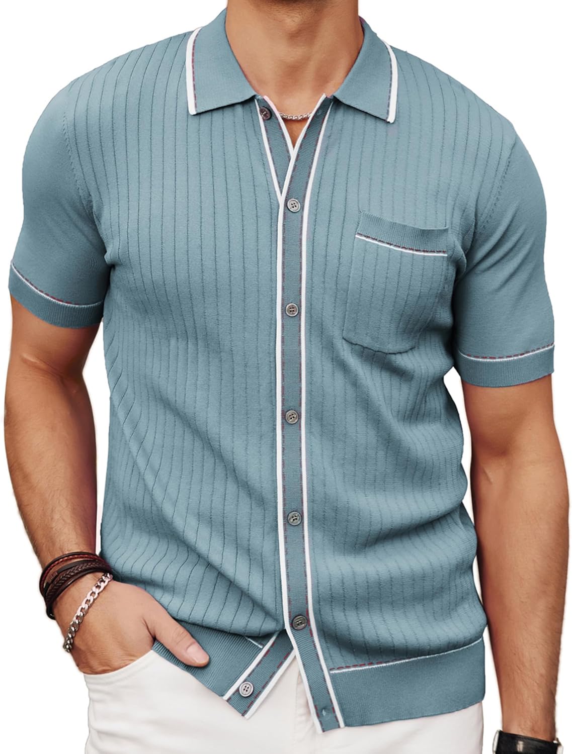 PJ PAUL JONES Mens Knit Shirts Short Sleeve Button Down Casual Shirt Vintage Old Money Polo Shirts Vacation Beach Tops