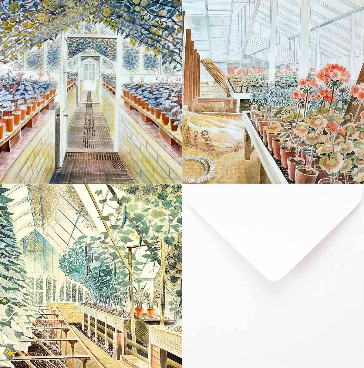 The Eric Ravilious Greenhouse Greetings Card Collection - 3 Cards & 3 White Envelopes. Printed on 300gm Invercote card stock. All materials are FSC approved.