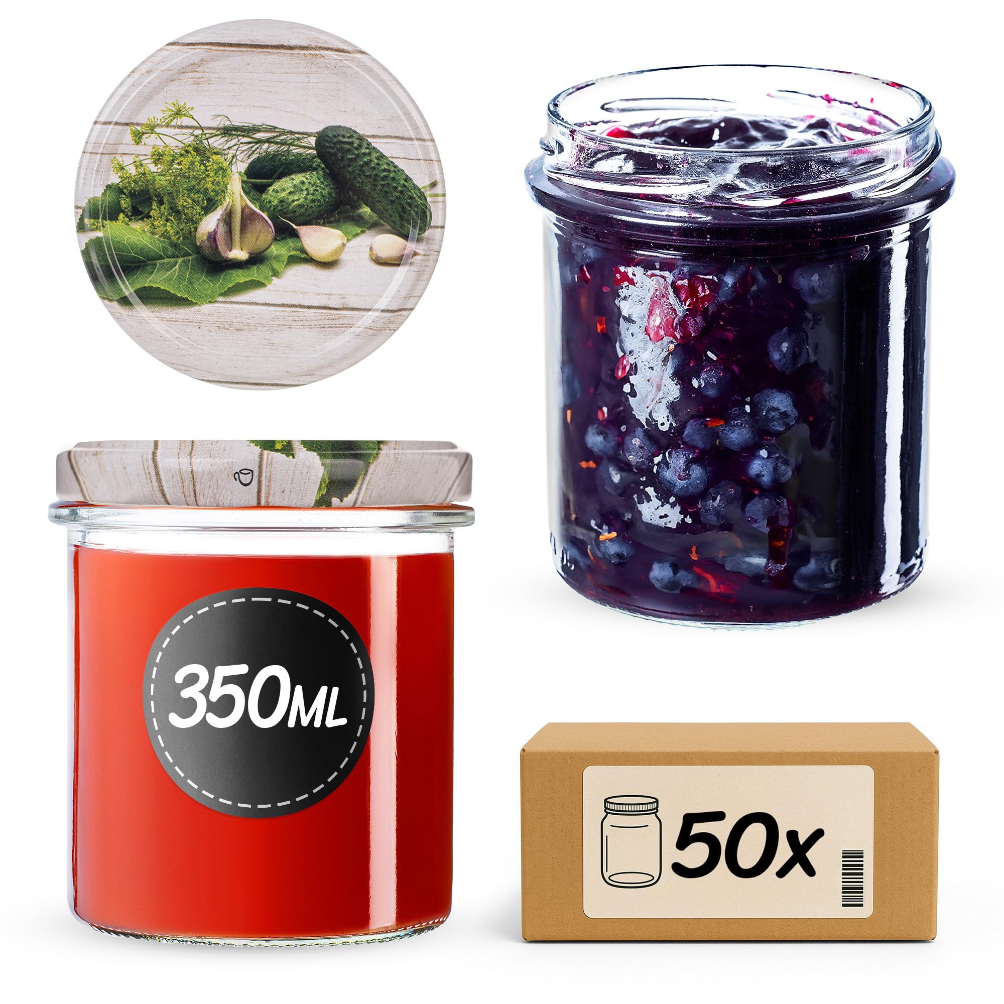 KADAX 50er Set Marmeladengläser 350ml TO82 Einlegegurken, Einmachgläser Vorratsgläser Mason Jar mit Schraubdeckel, Luftdichte Schraubgläser, Honig & Konfitüre