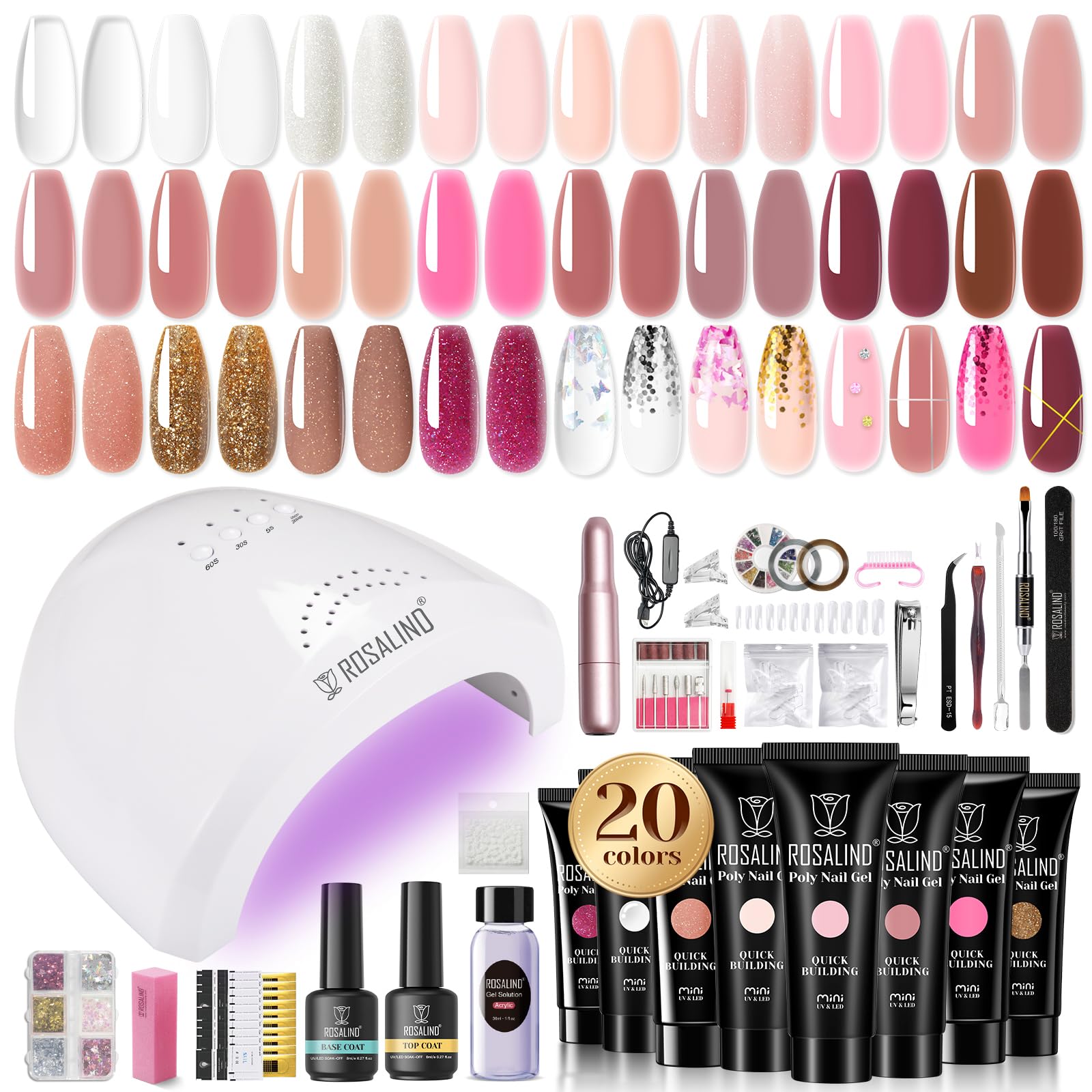ROSALIND Kit Uñas de Gel Completo Set, Gel Uñas Set con Lima Eléctrica Uñas/48W UV Lámpara, Poligel Kit Principiante 20 Colores Gel de Extensión de Uñas Completo para Mujeres