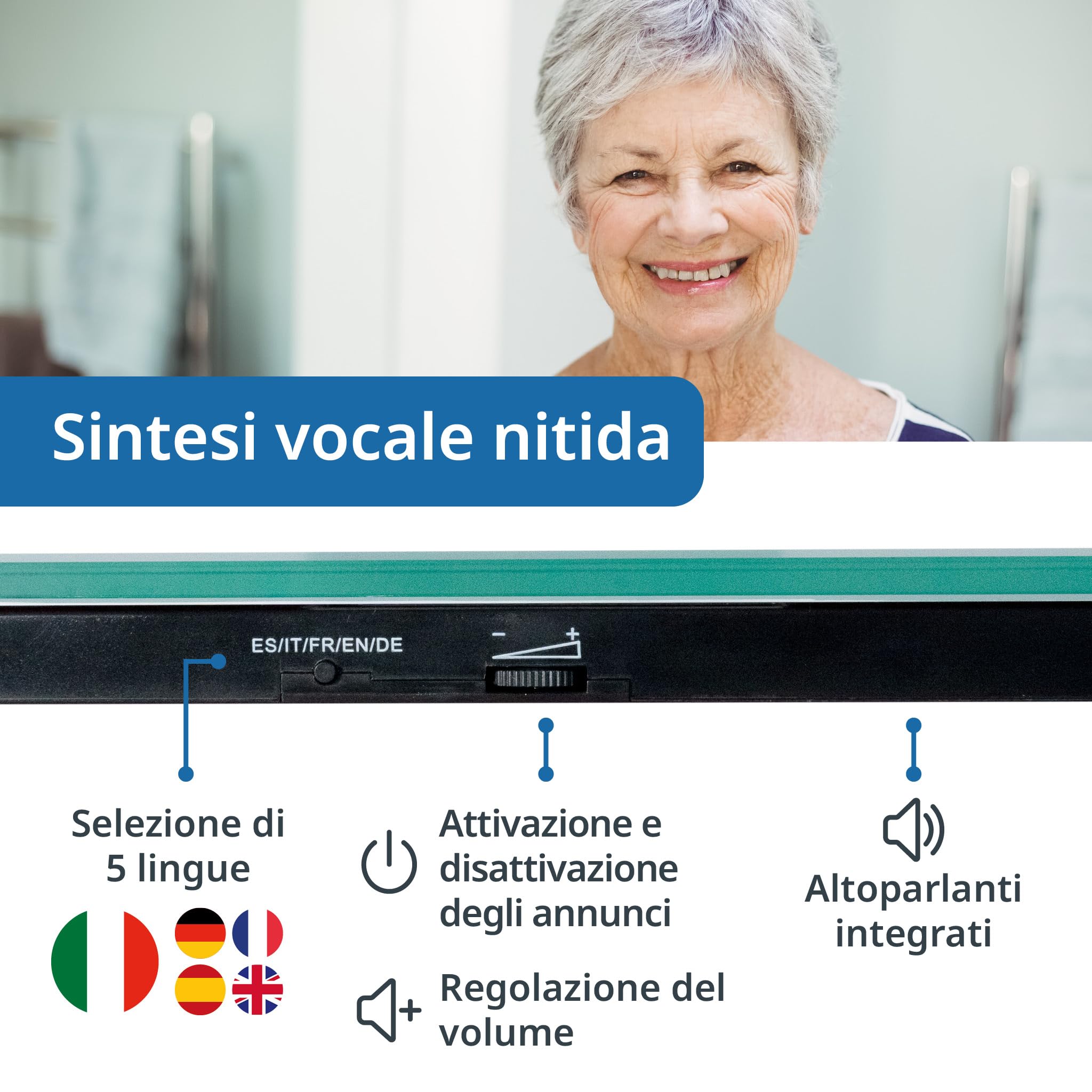 ADE Bilancia pesapersone digitale parlante | bilancia elettronica pesa persone da casa con emissione vocale in 5 lingue anche italiano | capacità molto elevata | precise fino a 250 kg | bianca