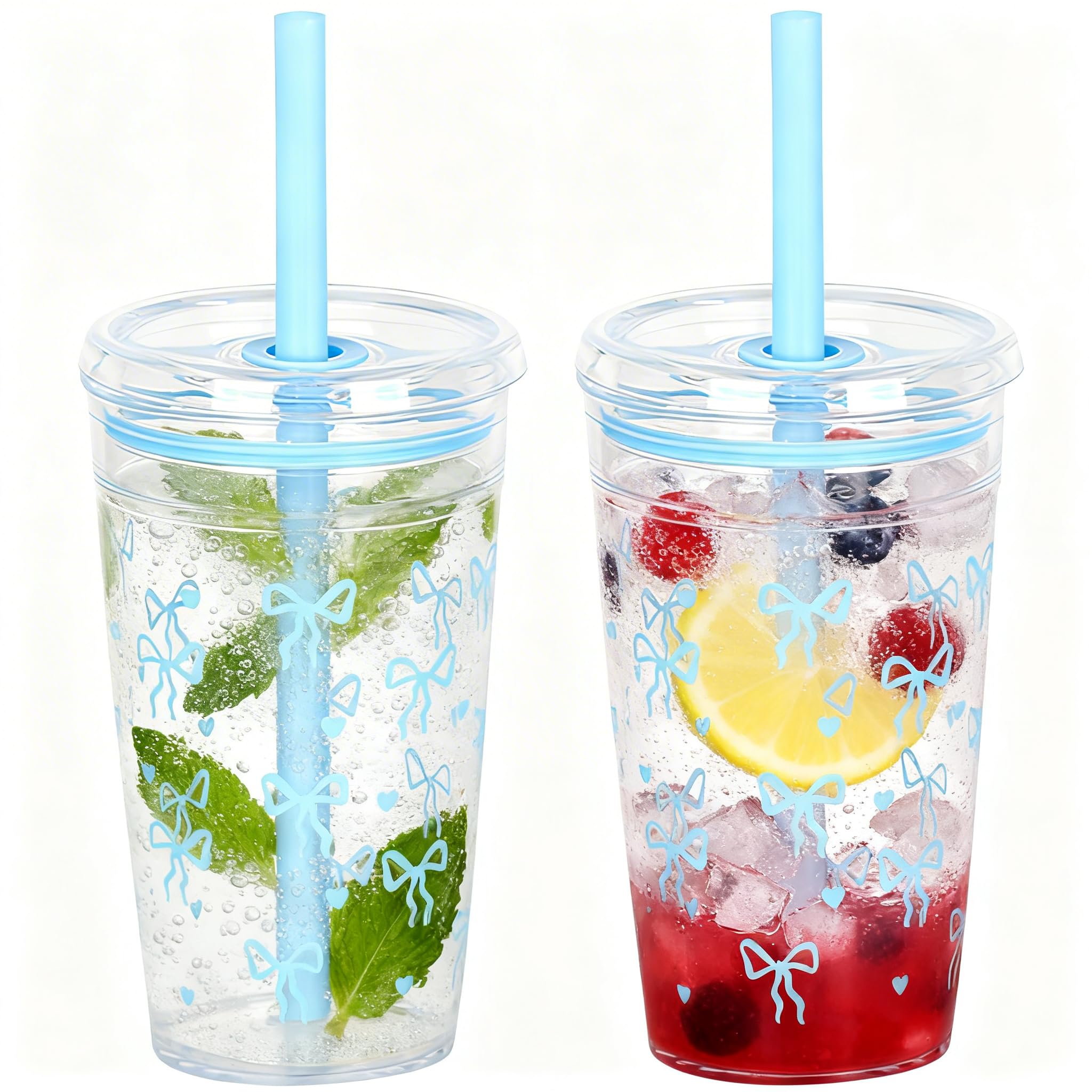 Yisituo 450ml Reusable Iced Coffee Cup, 2 Pack Clear Plastic Cups with Lids and Straws, Cold Cup, for Hot and Cold Drinks (2, Light Blue Butterfly)