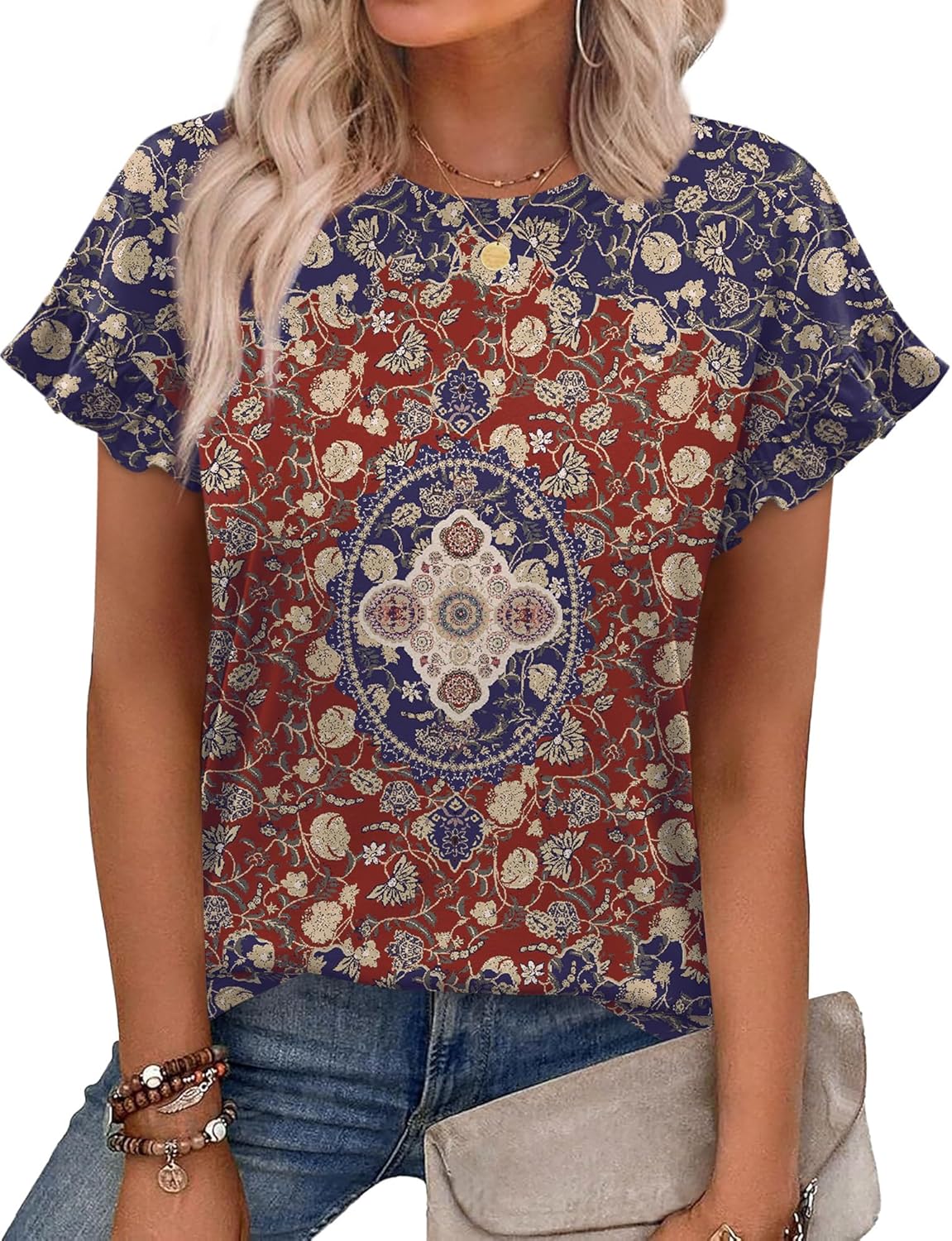 OFEEFAN Womens Tops 2026 Casual Round Neck Ruffle Cap Sleeve Blouse Shirts Basic Tunic Top Summer Outfits