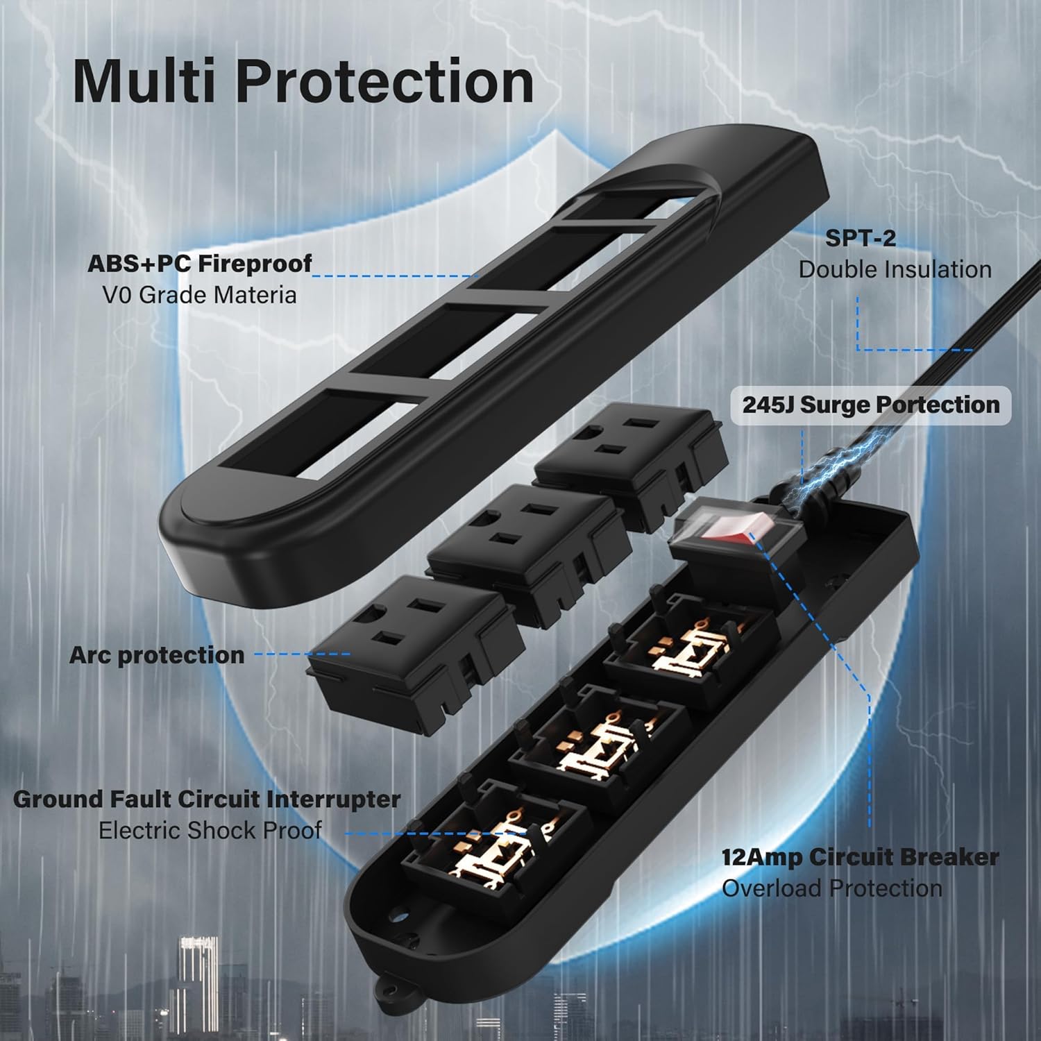 Outdoor Power Strip 15 Ft, IPX4 Waterproof Surge Protector 3 Widely Spaced AC Outlets Extension Cord, 45° Flat Plug, Wall Mountable, 18 Gauge 125V for Garden Patio Camping Christmas Lights-ETL