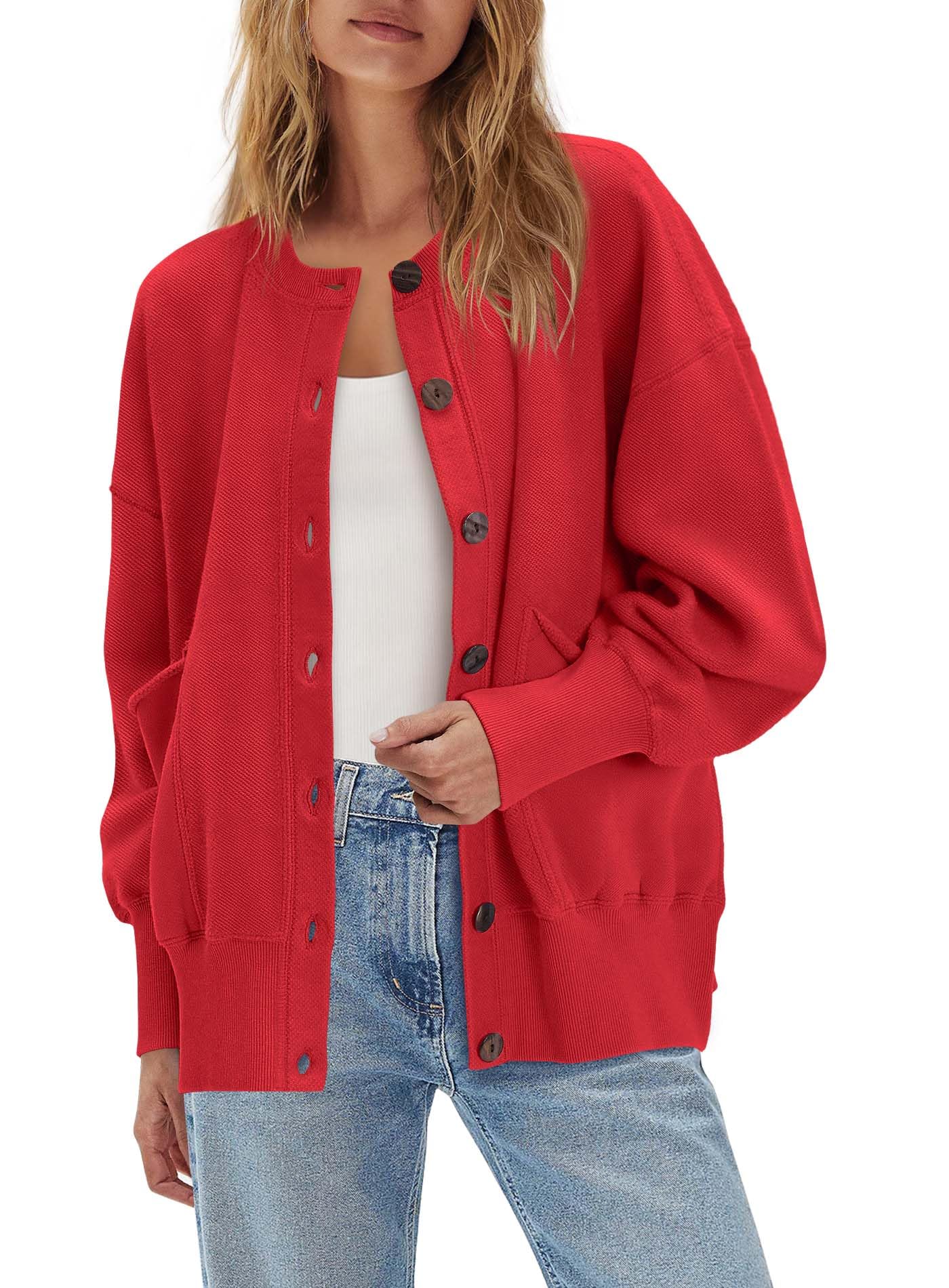 Womens Fall Oversized Sweatshirt Cardigan Button up Lightweight Cardigan Long Sleeve Open Front Jacket with Pockets-image-40