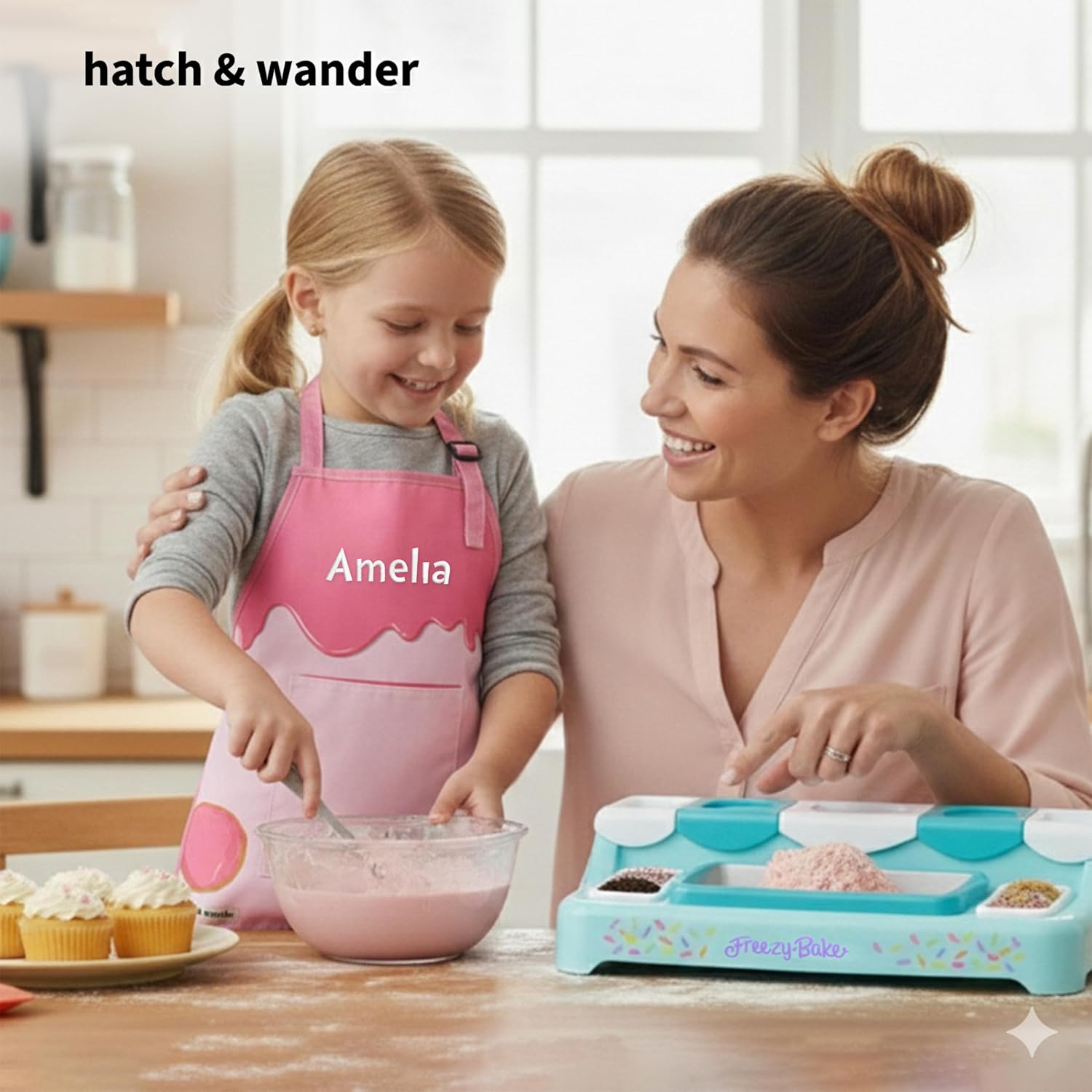 hatch & wander Freezy Bake Ice Cream Maker Bundle | Includes Kids Apron and Chef Hat | Freezy Bake Mix (mix may vary)