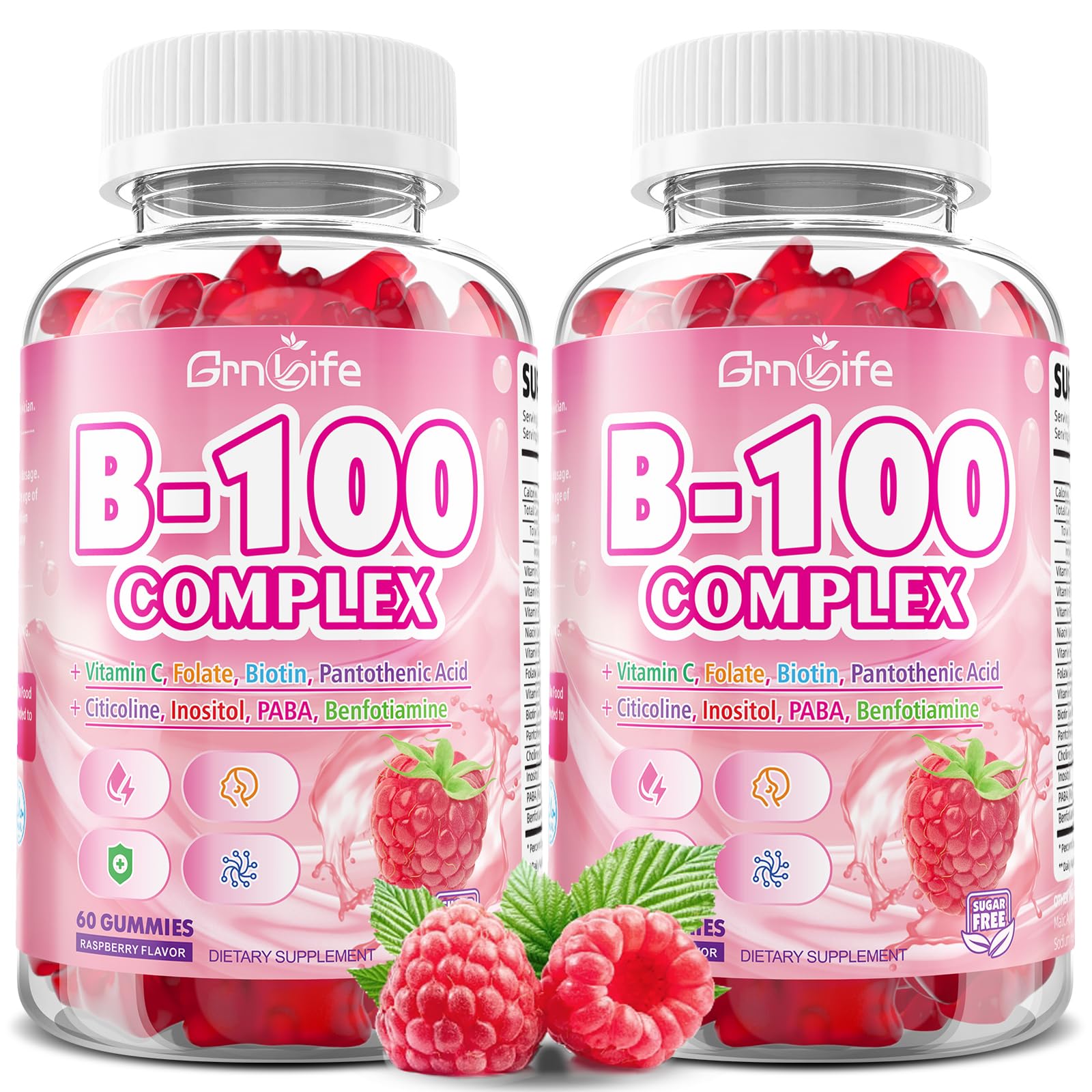2 Pack Vitamin B Complex Gummies, All B Vitamins + Methyl B12, B1, B2, B3, B5, B6, Biotin, Methylfolate, Vitamin C, Choline, Inositol, PABA for Energy & Immune Support, Raspberry, 120 Count 120 Count (Pack of 1)