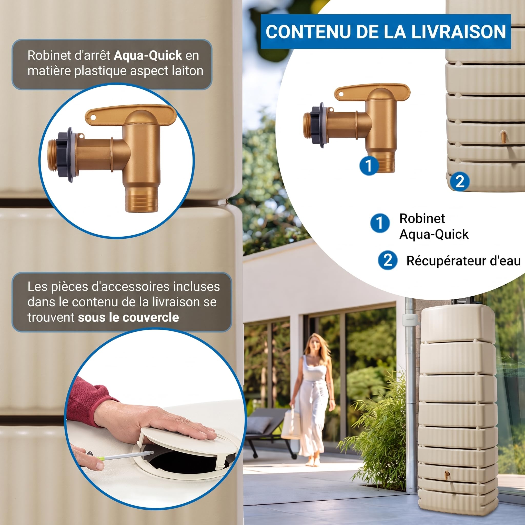 4rain Slim Récupérateur d’Eau de Pluie 650L Sable – Cuve Murale Robuste et élégante – Réservoir d’Eau de Pluie + Robinet PE Imitation Laiton – Solution Pratique et Durable de récupération