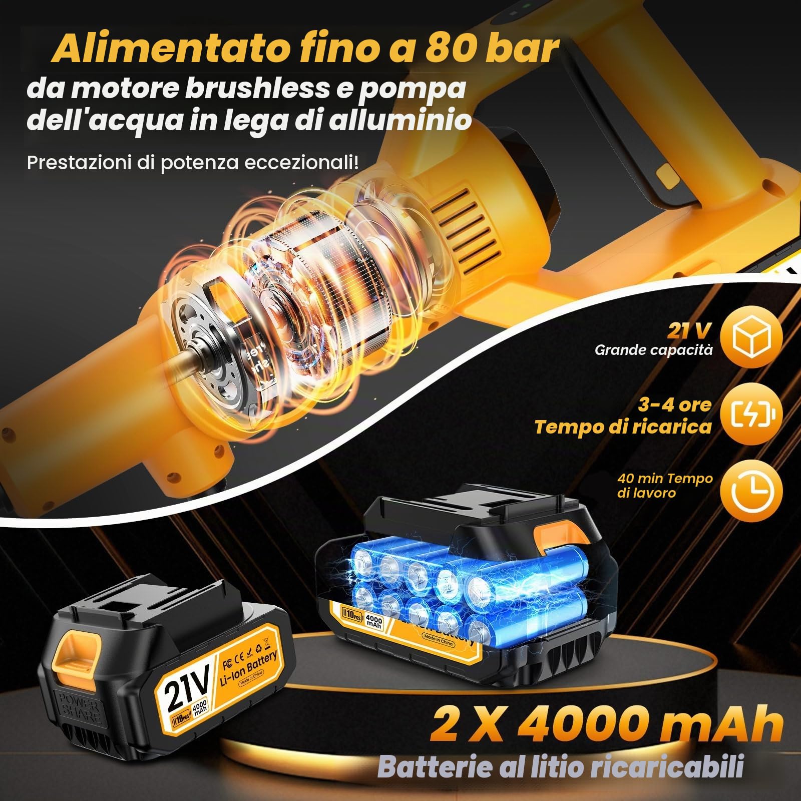 Idropulitrice a Batteria, Idropulitrice Portatile con 2 batterie da 4000 mAh, Ugello 6 in 1 e Controllo Pressione Regolabile,Agganciabile al Rubinetto, con Valigia per Giardino, Auto e Pulizie Esterne