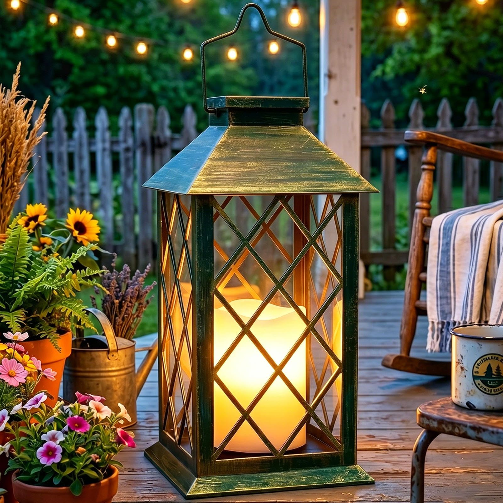 Dekofun Solar Lanterns for Outside, Large Hanging Solar Lantern Outdoor Garden with Flickering Candle, Waterproof Garden Gifts Auto On/Off Table Lamp for Balcony Patio Vintage Decorations - Bronze