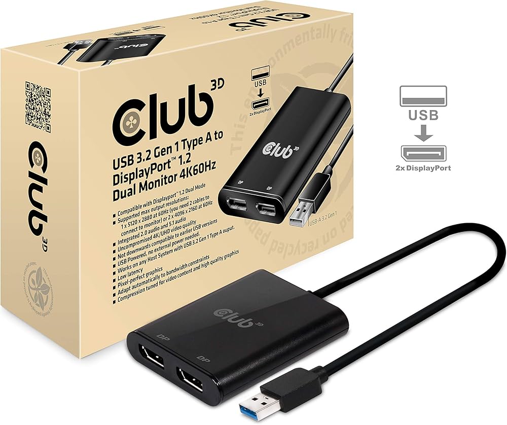 分配器・切替器 Club3D USB A to DisplayPort CSV-1477 Club 3D CSV-1477 USB 3.0 Type A to Dual Display Port 1.2 4K 60Hz