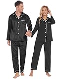Couples Matching Pajamas Silk Long Sleeve Sleepwear Satin Soft Button Down Loungewear Pjs Set, S-XXL