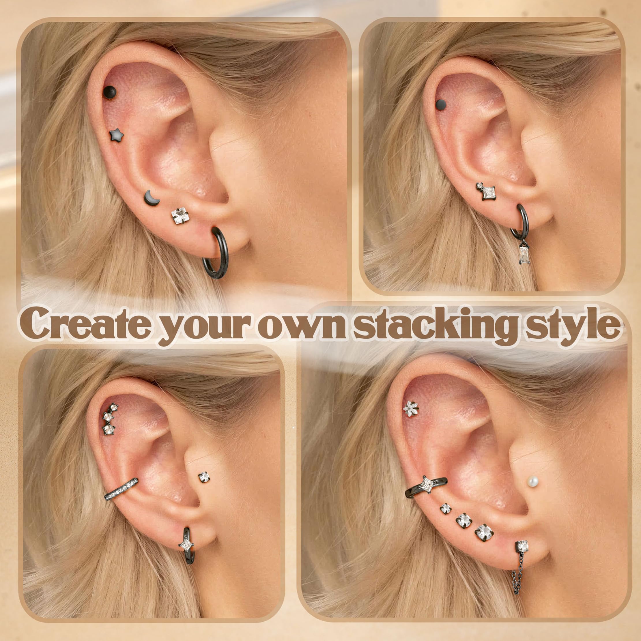 HHRFCS 25 sztuk Hipoalergiczny Helix Piercing Biżuteria Tragus Conch Piercing Biżuteria Daith Złoto Srebro Hoop Kolczyki na chrząstkę Płaski tył Zestaw kolczyków sztyftowych Ze stali chirurgicznej
