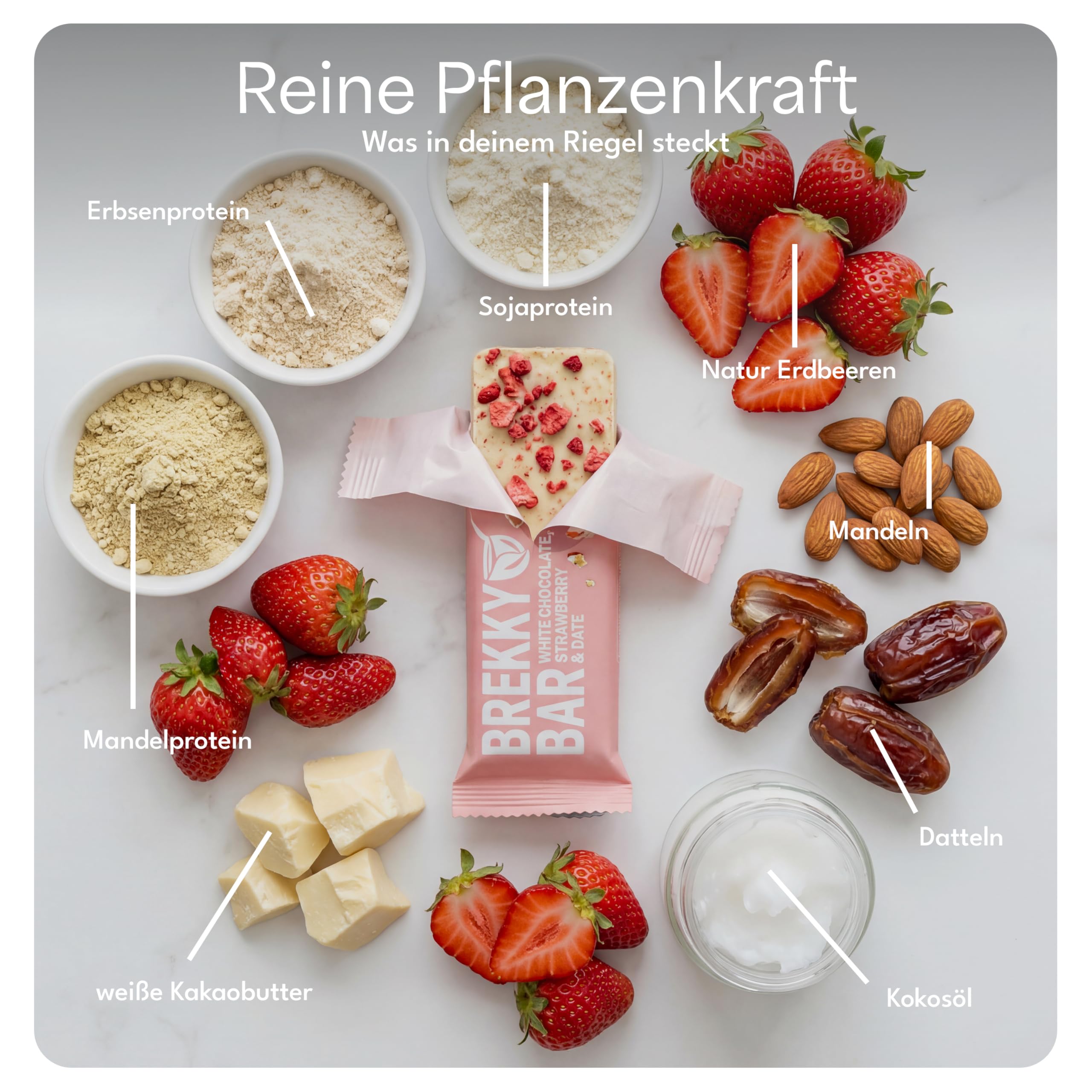 Brekky Bar Erdbeer Proteinriegel Vegan – 11g pflanzliches Protein pro Riegel – ohne Zuckerzusatz, 100% vegan & natürlich – High Protein Riegel mit Datteln, Mandeln & Erdbeeren